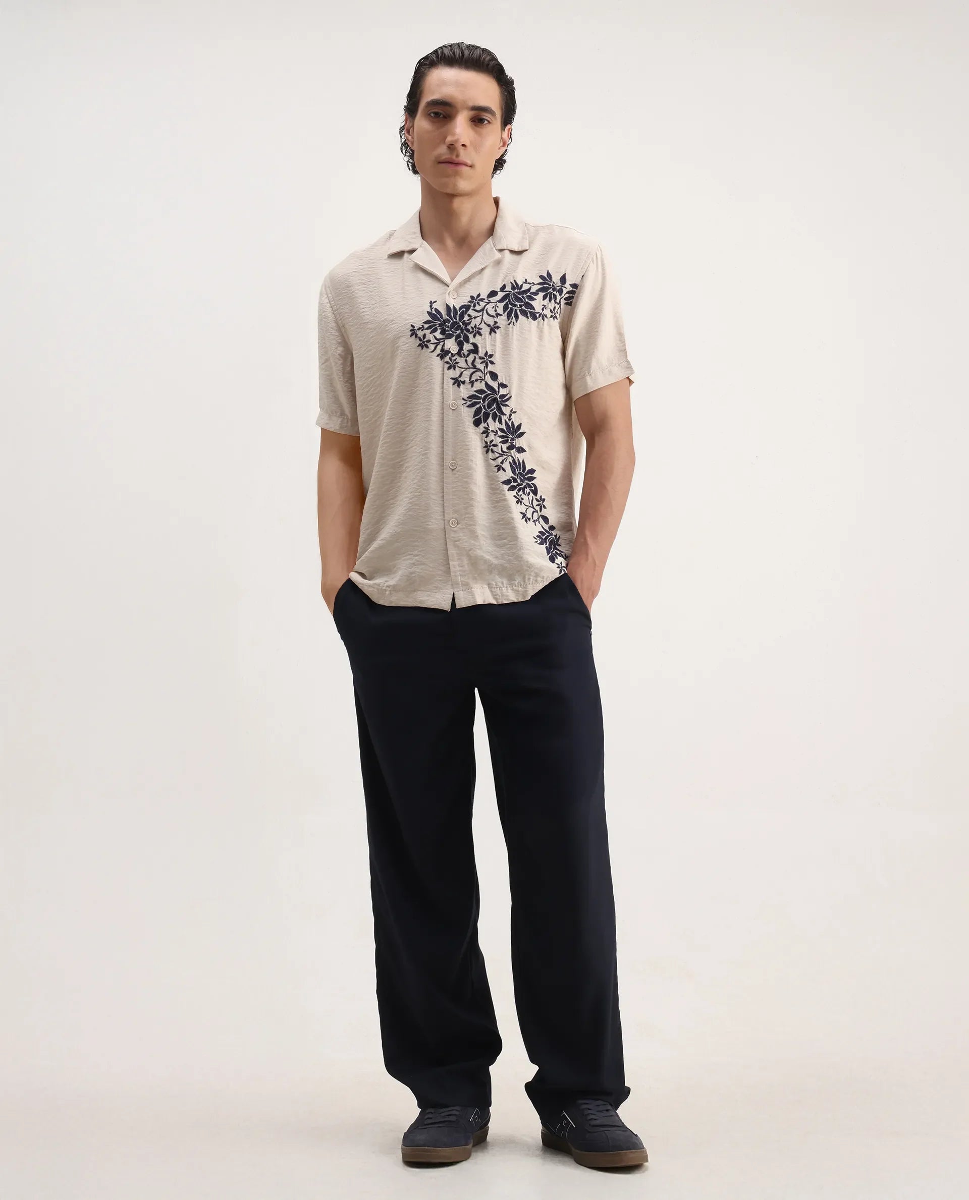 Rare Rabbit Men's Alix Beige Viscose Blend Embroidered Boxy Fit Half Sleeve Cuban Collar Shirt