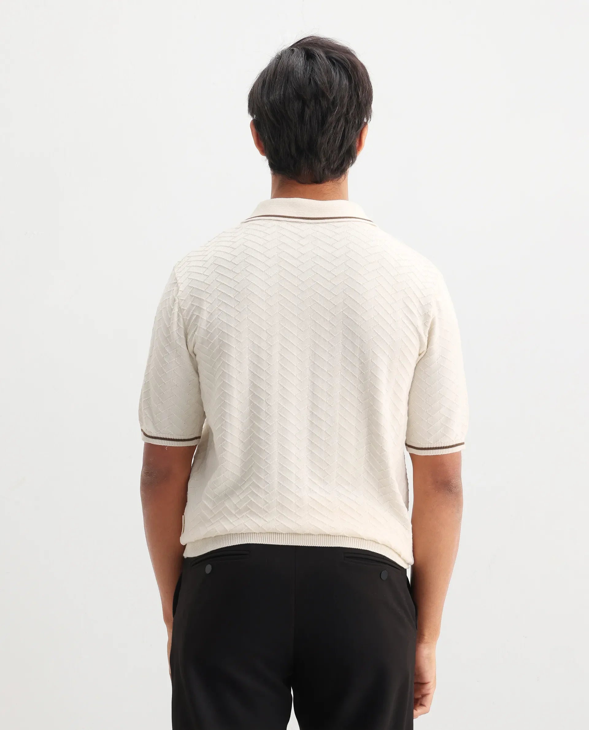 Rare Rabbit Men's Amet Off White Cotton Textured Regular Fit Half Sleeve Polo