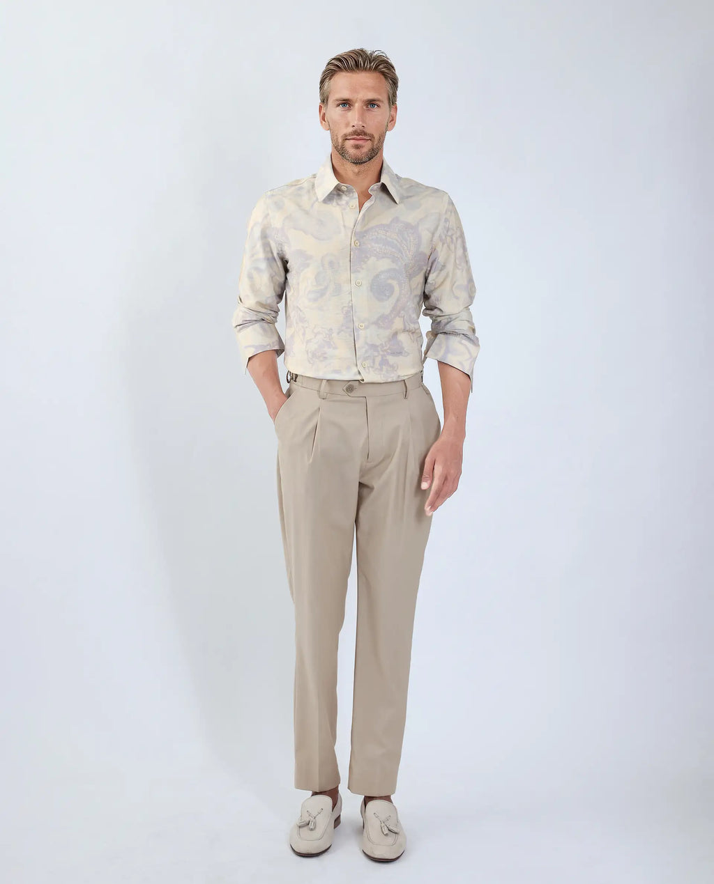 Rare Rabbit Men's Ami Beige Viscose Abstract Print Relaxed Fit Full Sleeve Collared Shirt