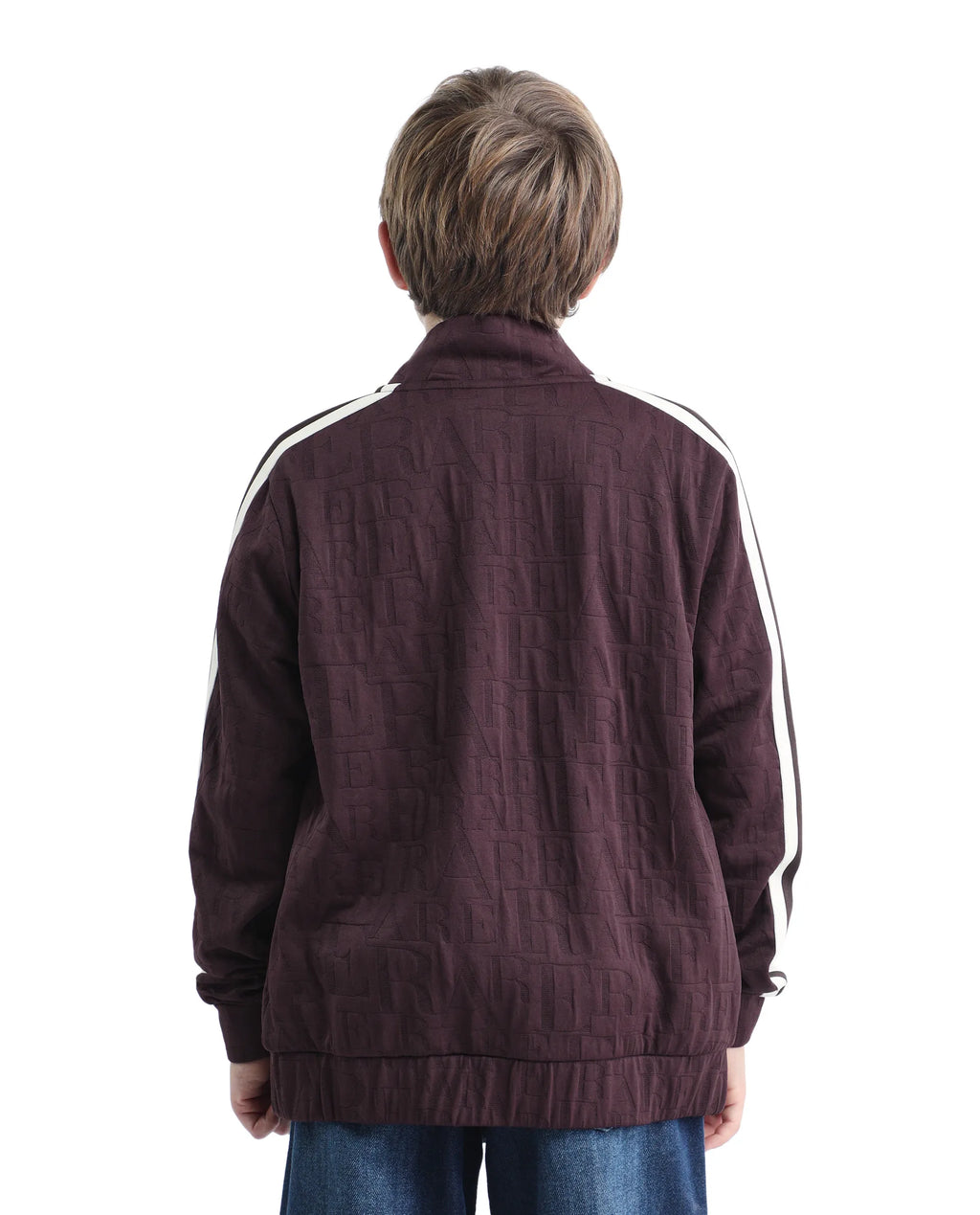 Rare Ones Kids Amni Brown Polyester Blend Zipper Closure High Neck Jacquard Full Sleeves Regular Fit Jacket