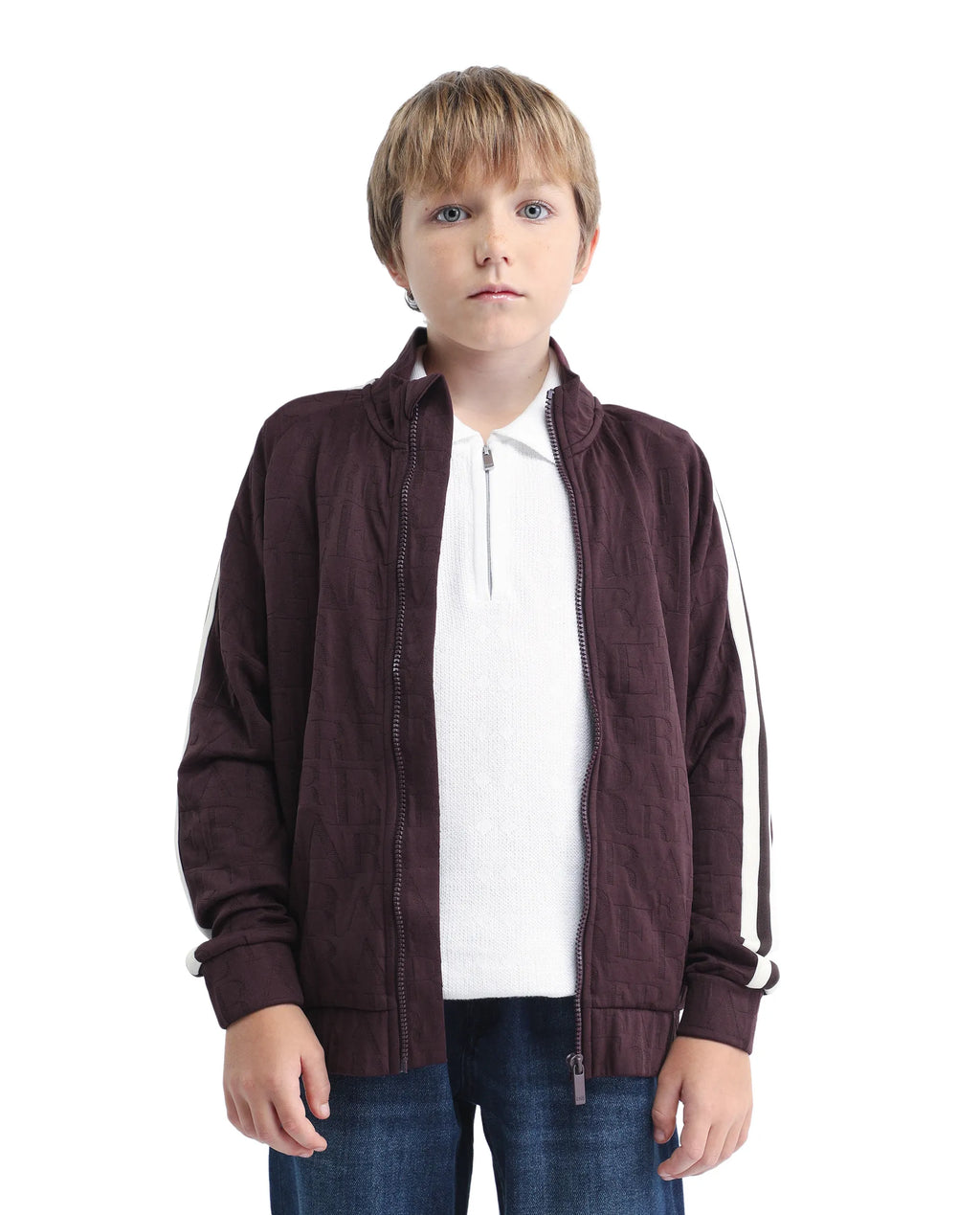 Rare Ones Kids Amni Brown Polyester Blend Zipper Closure High Neck Jacquard Full Sleeves Regular Fit Jacket