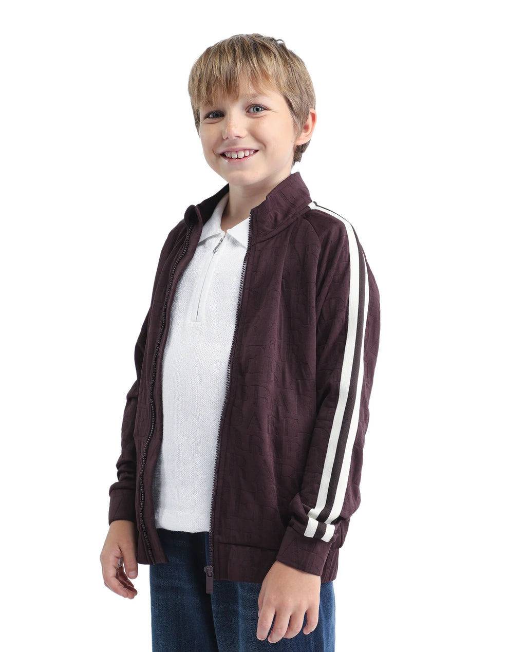 Rare Ones Kids Amni Brown Polyester Blend Zipper Closure High Neck Jacquard Full Sleeves Regular Fit Jacket