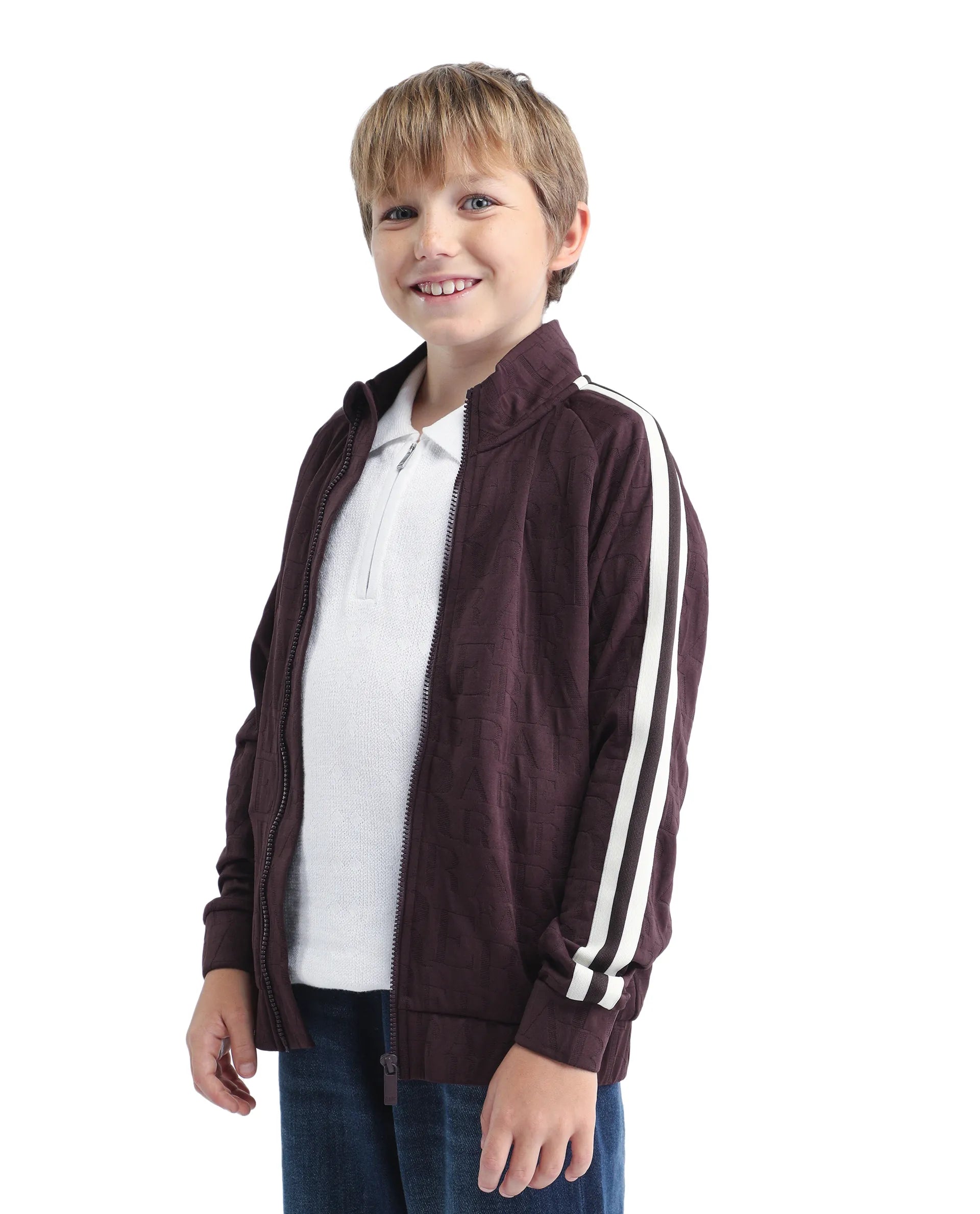 Rare Ones Kids Amni Brown Polyester Blend Zipper Closure High Neck Jacquard Full Sleeves Regular Fit Jacket