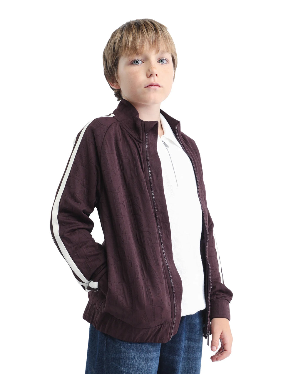 Rare Ones Kids Amni Brown Polyester Blend Zipper Closure High Neck Jacquard Full Sleeves Regular Fit Jacket