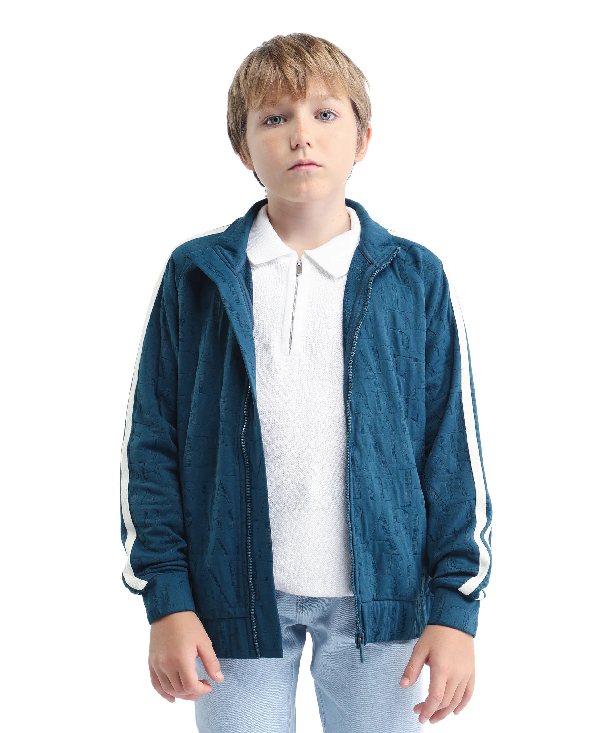 Rare Ones Kids Amni Teal Polyester Blend Zipper Closure High Neck Jacquard Full Sleeves Regular Fit Jacket