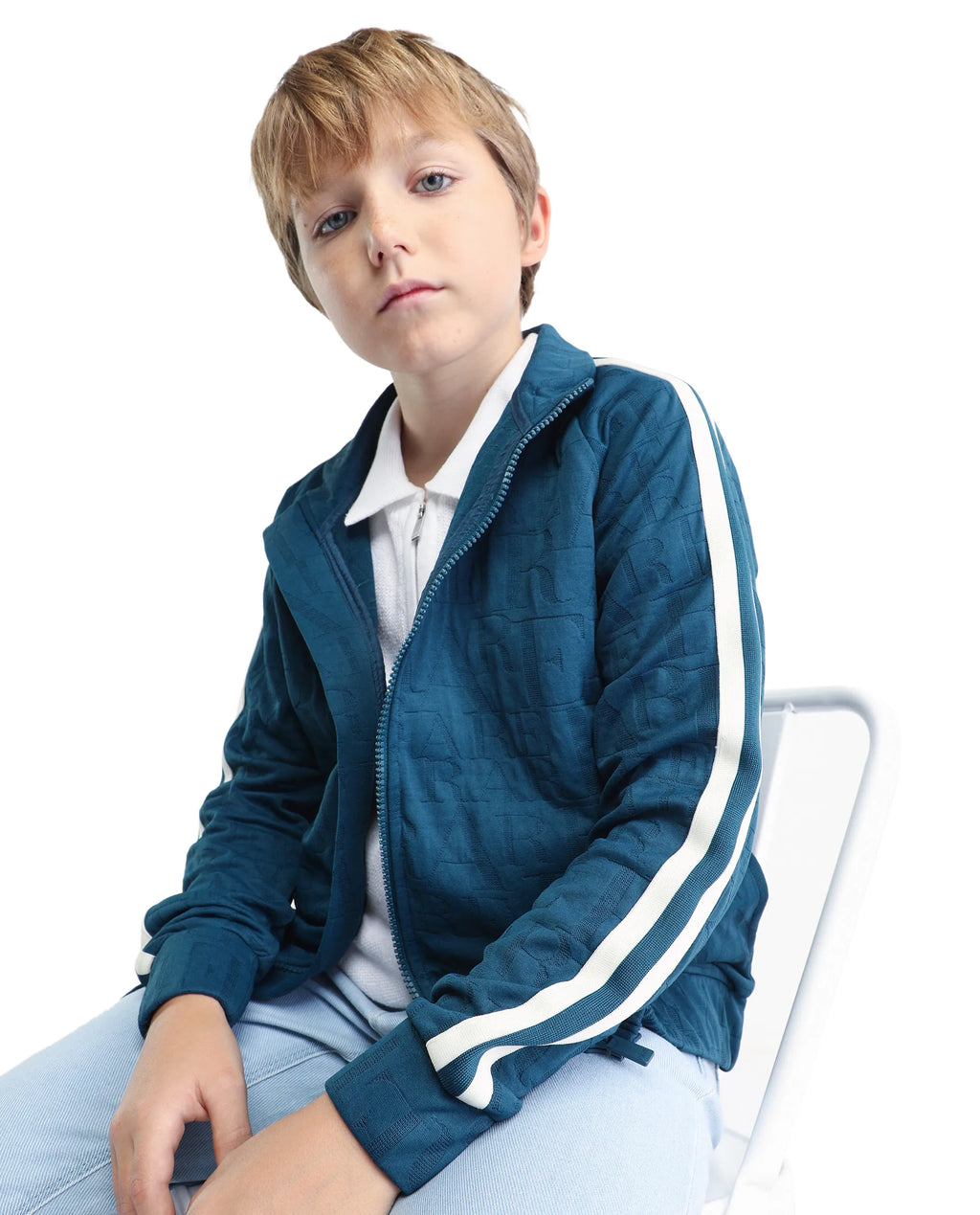 Rare Ones Kids Amni Teal Polyester Blend Zipper Closure High Neck Jacquard Full Sleeves Regular Fit Jacket