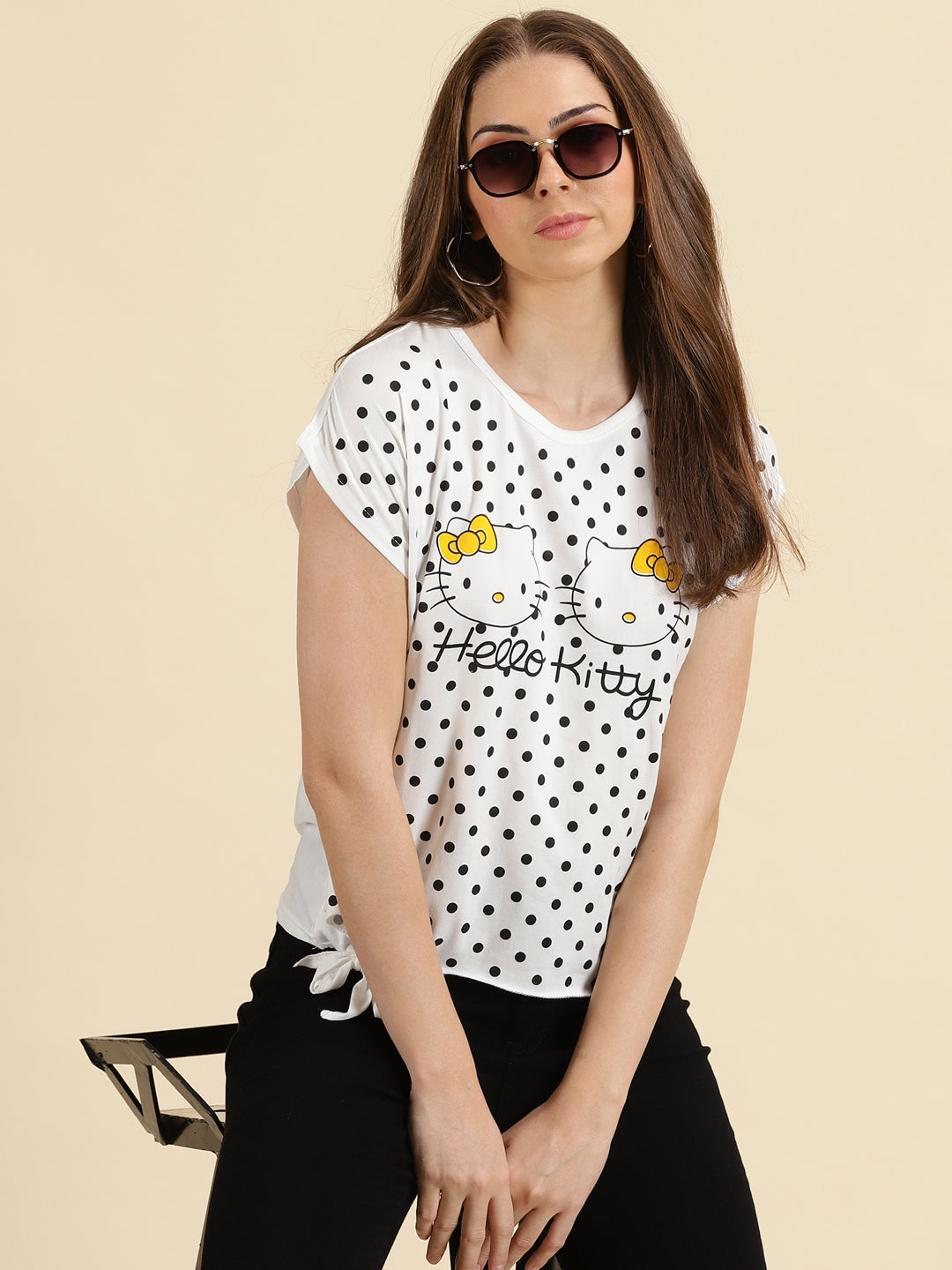 Women's White Polka Dot Printed Extended Sleeves Top