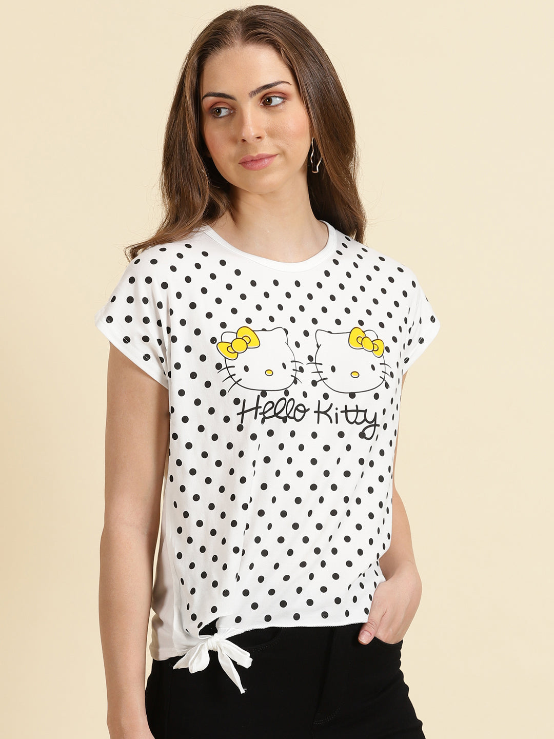 Women's White Polka Dot Printed Extended Sleeves Top