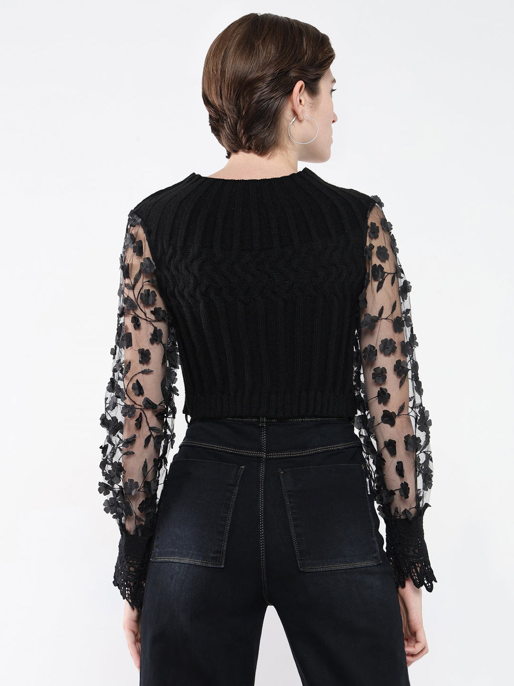 Women's Black Self Design Round Neck Acrylic Top