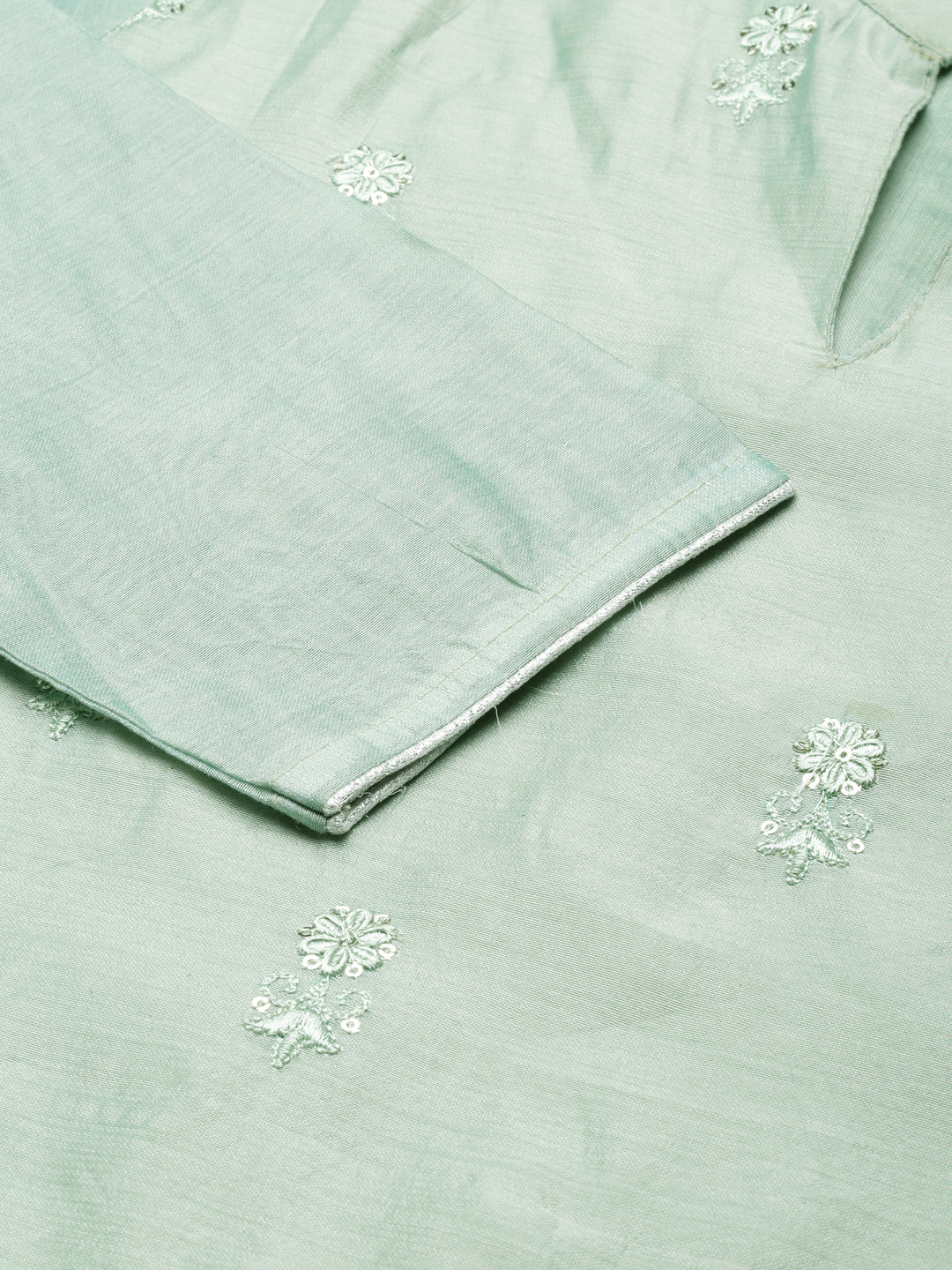 Women's Sea Green Floral Embroidered Mandarin Collar Cotton Silk Straight Kurta