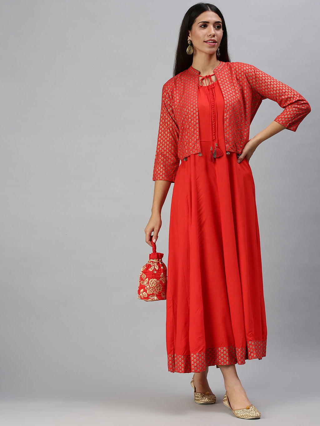 Women's Red Ethnic Motifs Printed Anarkali Kurta