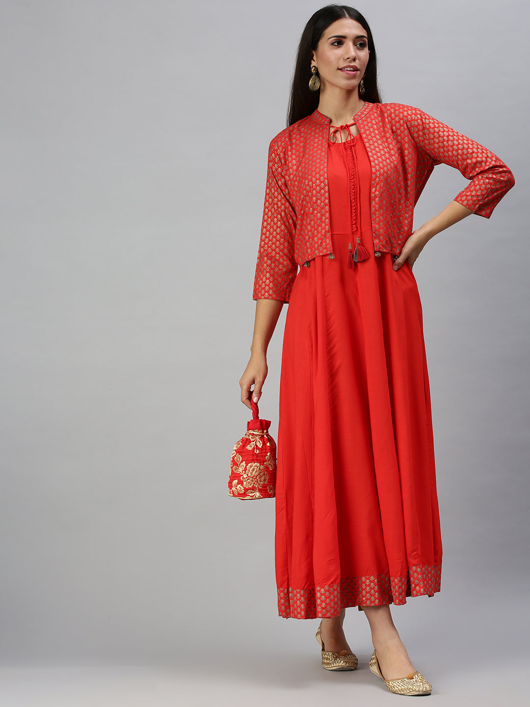 Women's Red Ethnic Motifs Printed Anarkali Kurta