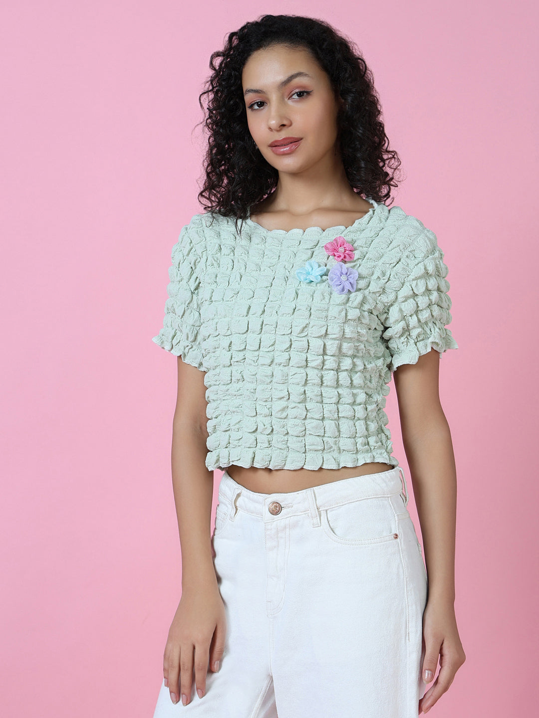 Women's Sea Green Self Design Round Neck Top