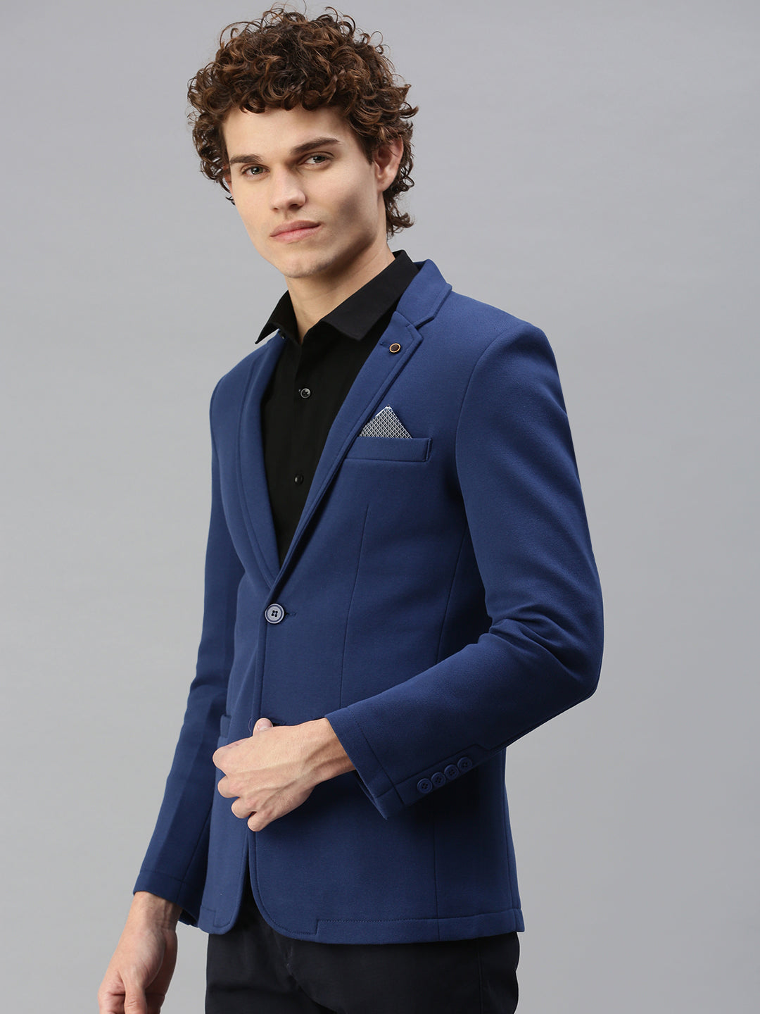 Men's Blue Solid Single-Breasted Slim-Fit Blazer