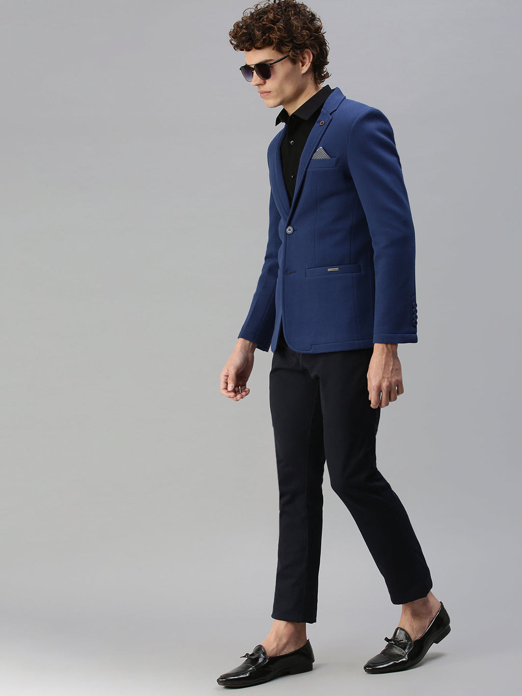 Men's Blue Solid Single-Breasted Slim-Fit Blazer
