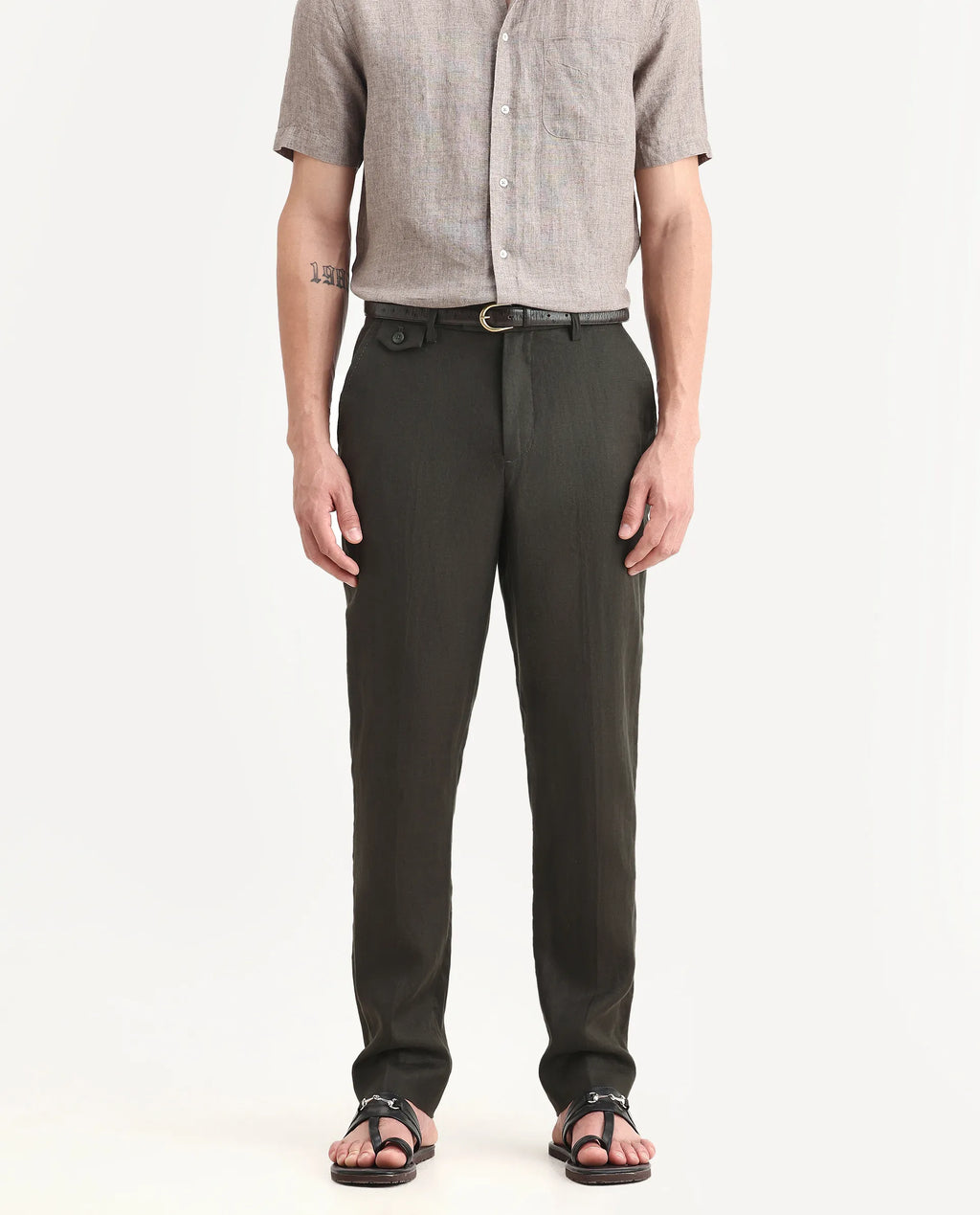 Rare Rabbit Men's Arcelo-2 Olive 100% Linen Plain Regular Fit Trouser