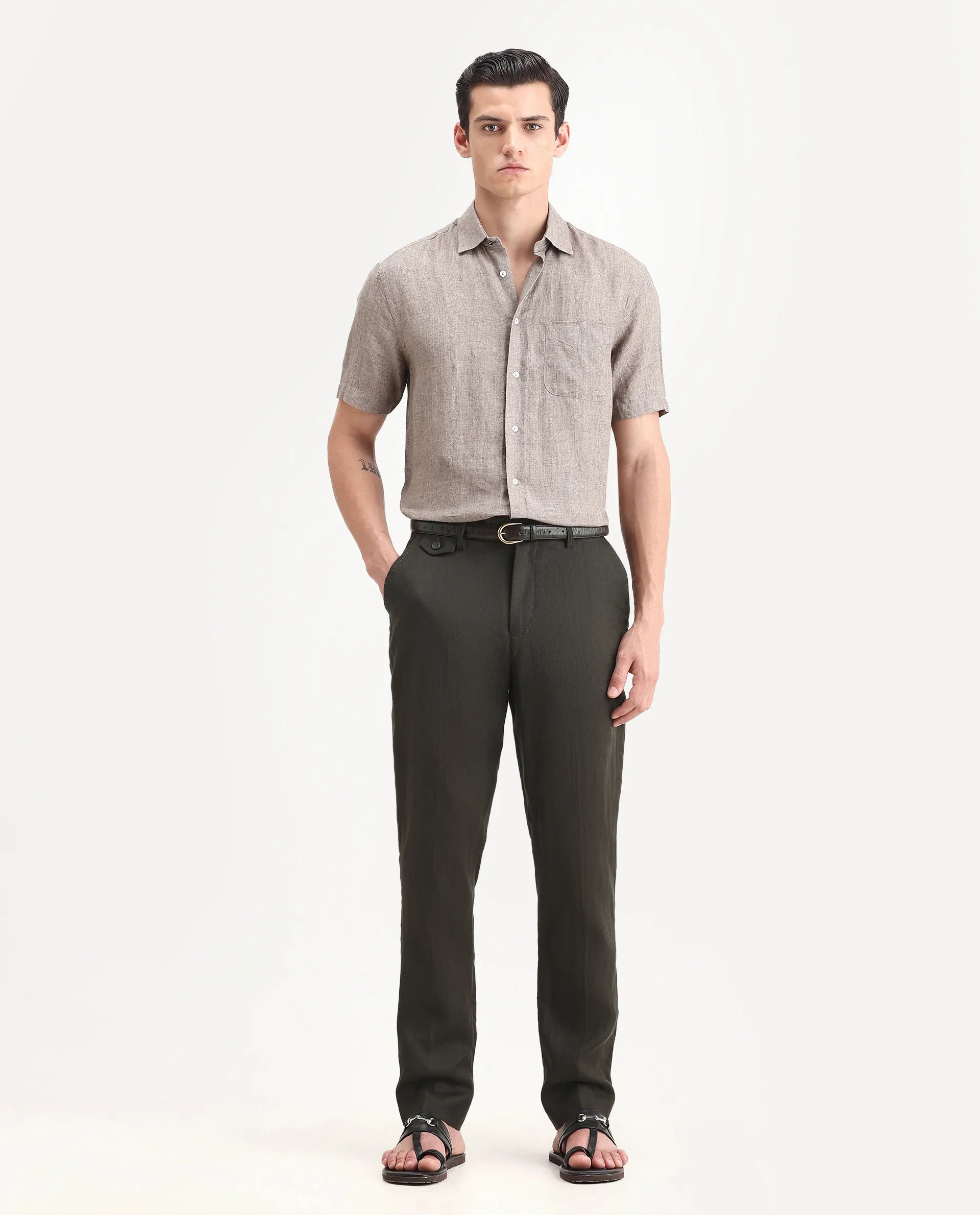Rare Rabbit Men's Arcelo-2 Olive 100% Linen Plain Regular Fit Trouser