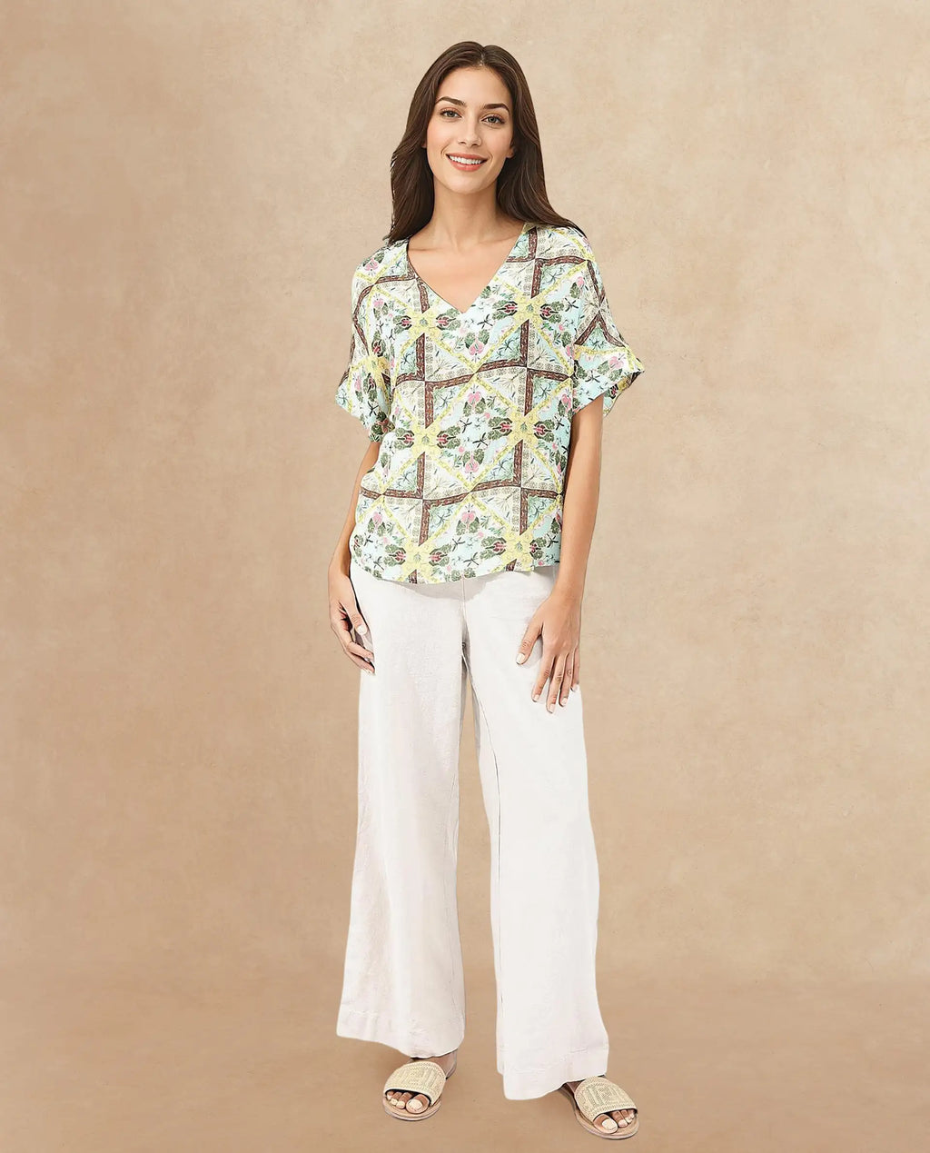 Rareism Women's Archibal-T Multi Rayon V-Neck Abstract Print Extended Sleeves Regular Fit Top