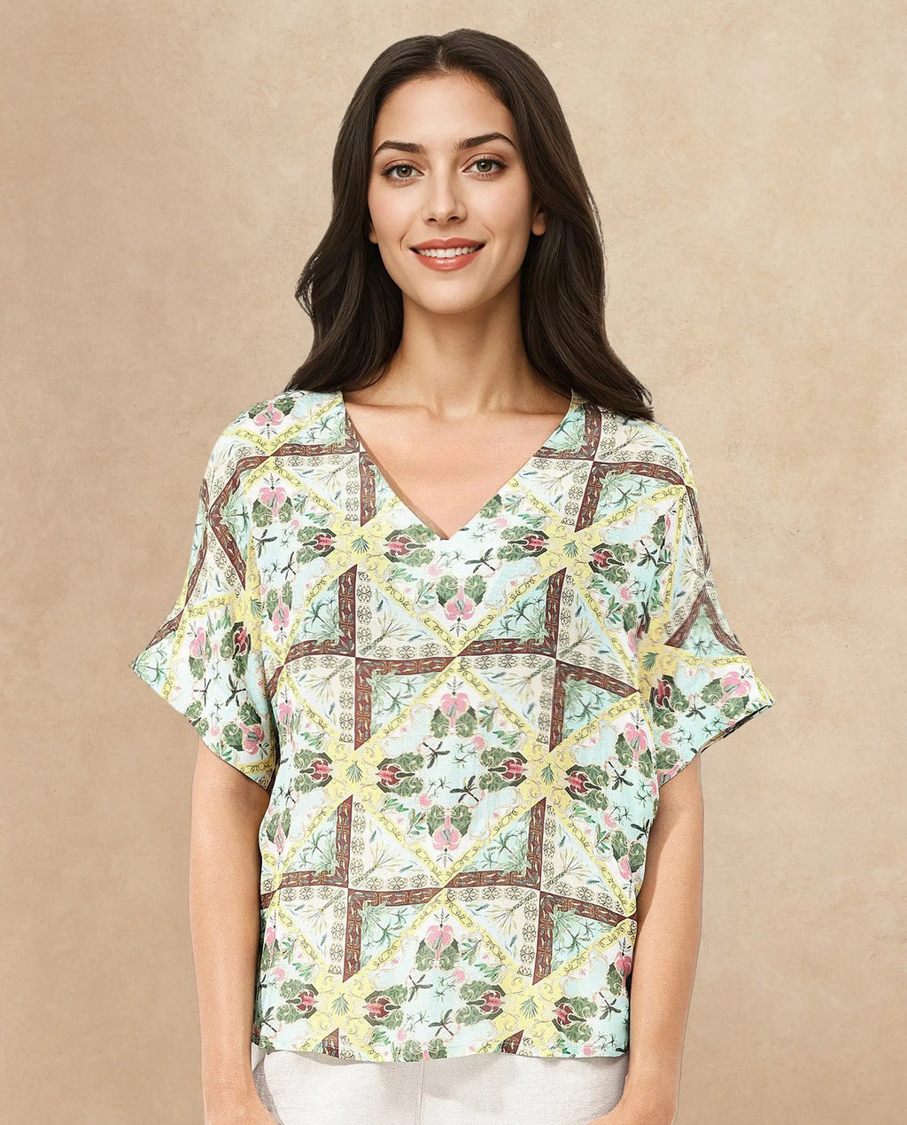 Rareism Women's Archibal-T Multi Rayon V-Neck Abstract Print Extended Sleeves Regular Fit Top