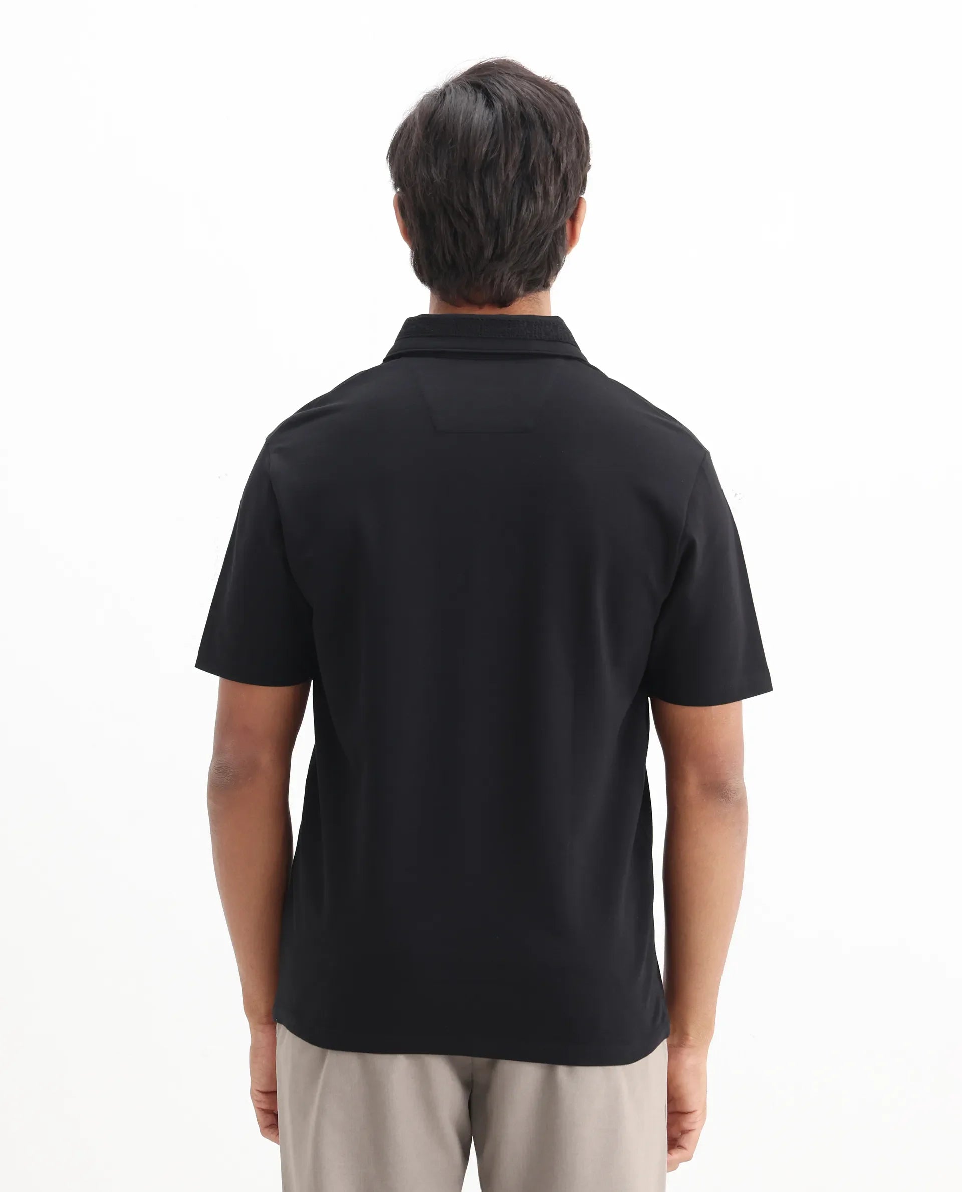 Rare Rabbit Men's Ariolo Black Cotton Blend Plain Regular Fit Half Sleeve Polo