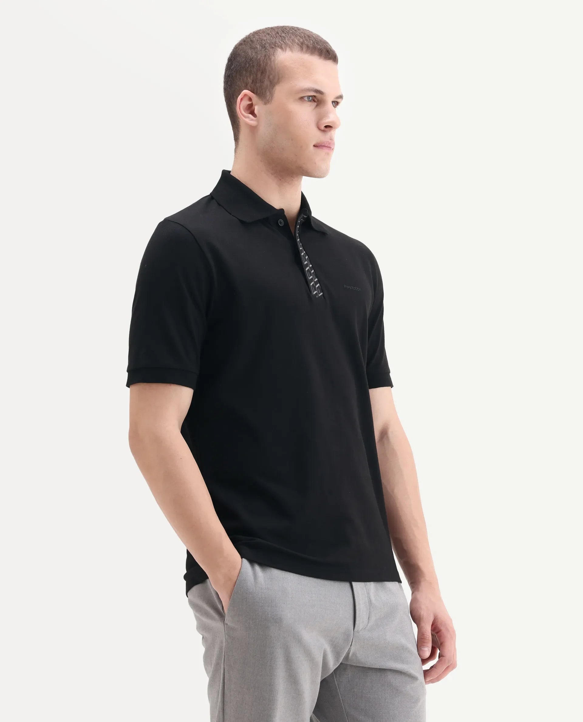 Rare Rabbit Men's Arko Black Cotton Plain Regular Fit Half Sleeve Polo
