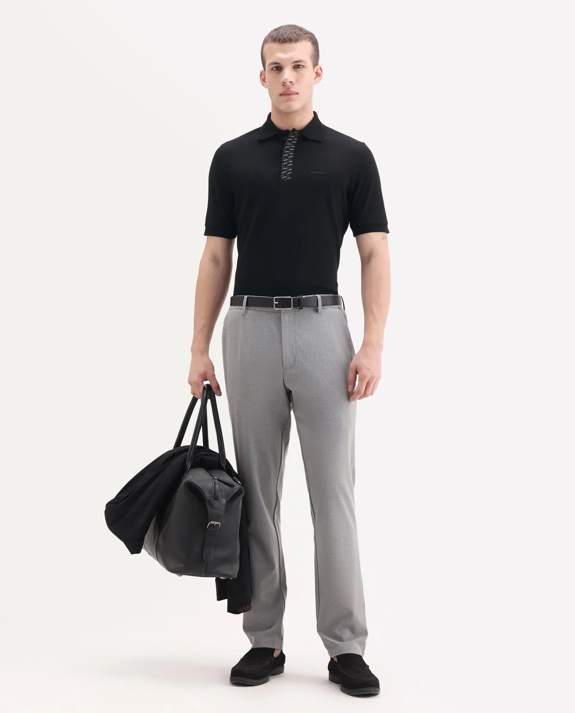 Rare Rabbit Men's Arko Black Cotton Plain Regular Fit Half Sleeve Polo