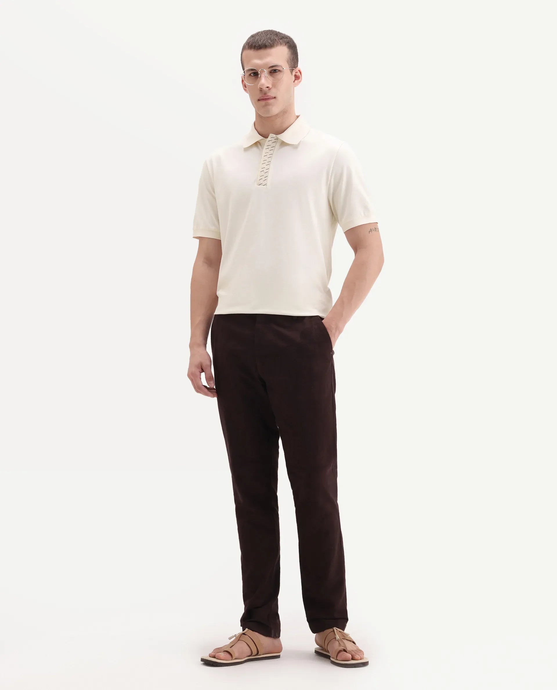 Rare Rabbit Men's Arko Off White Cotton Plain Regular Fit Half Sleeve Polo