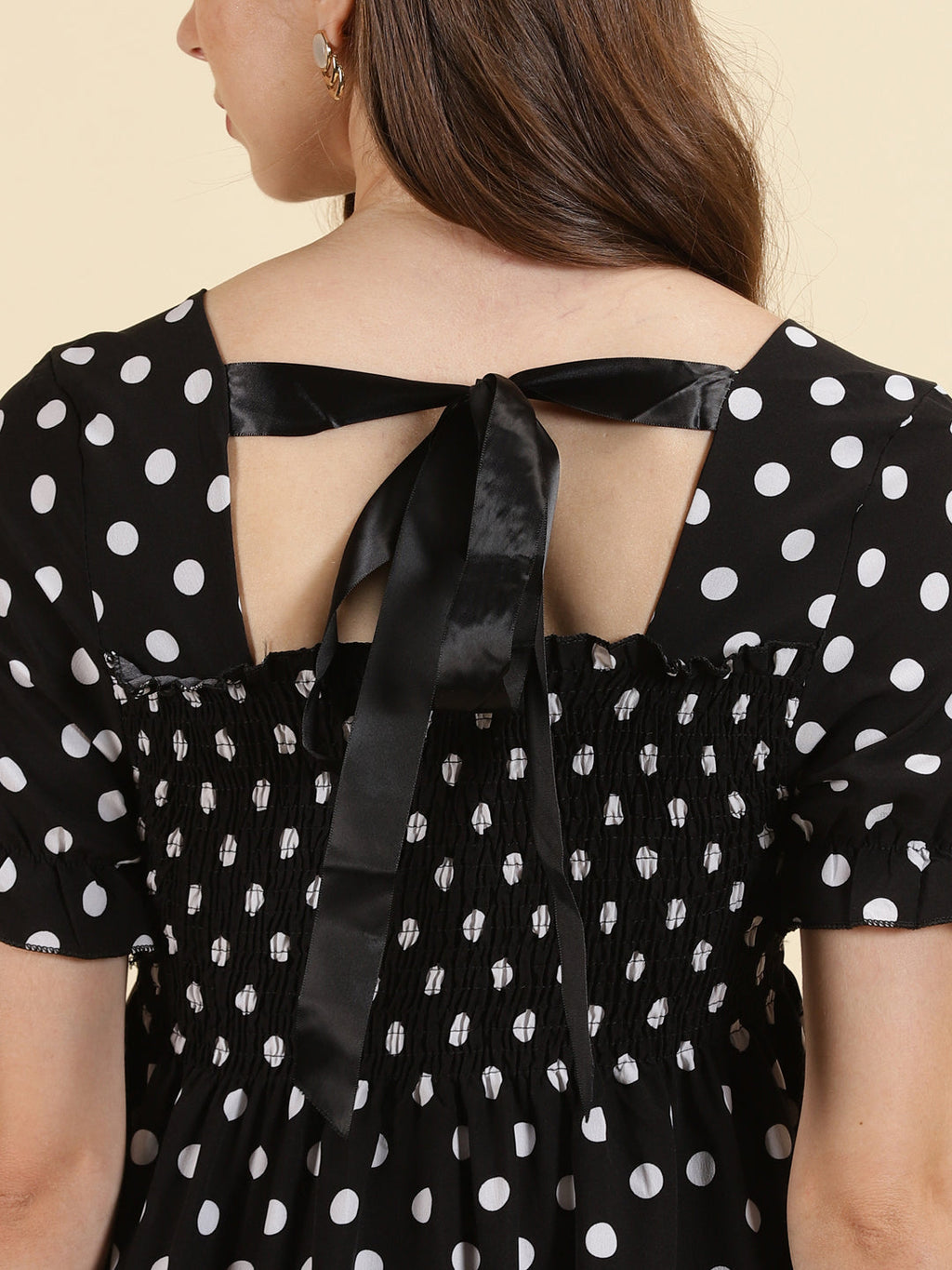 Women's Black Polka Dot Print Crepe Empire Midi Dress