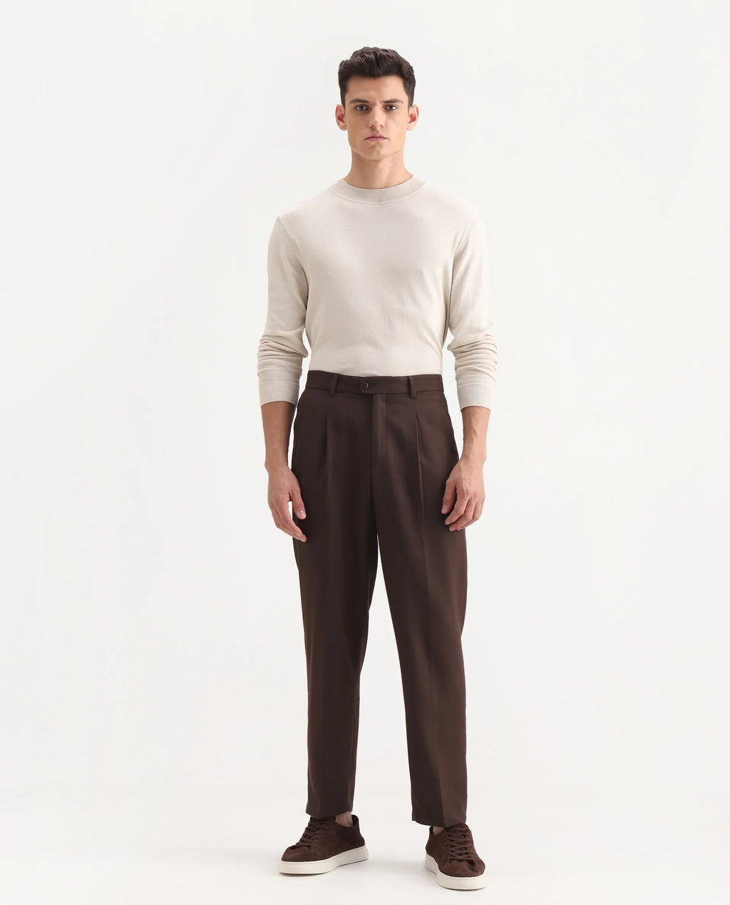 Rare Rabbit Men's Aront B Dark Brown Polyester Blend Plain Relaxed Fit Trouser
