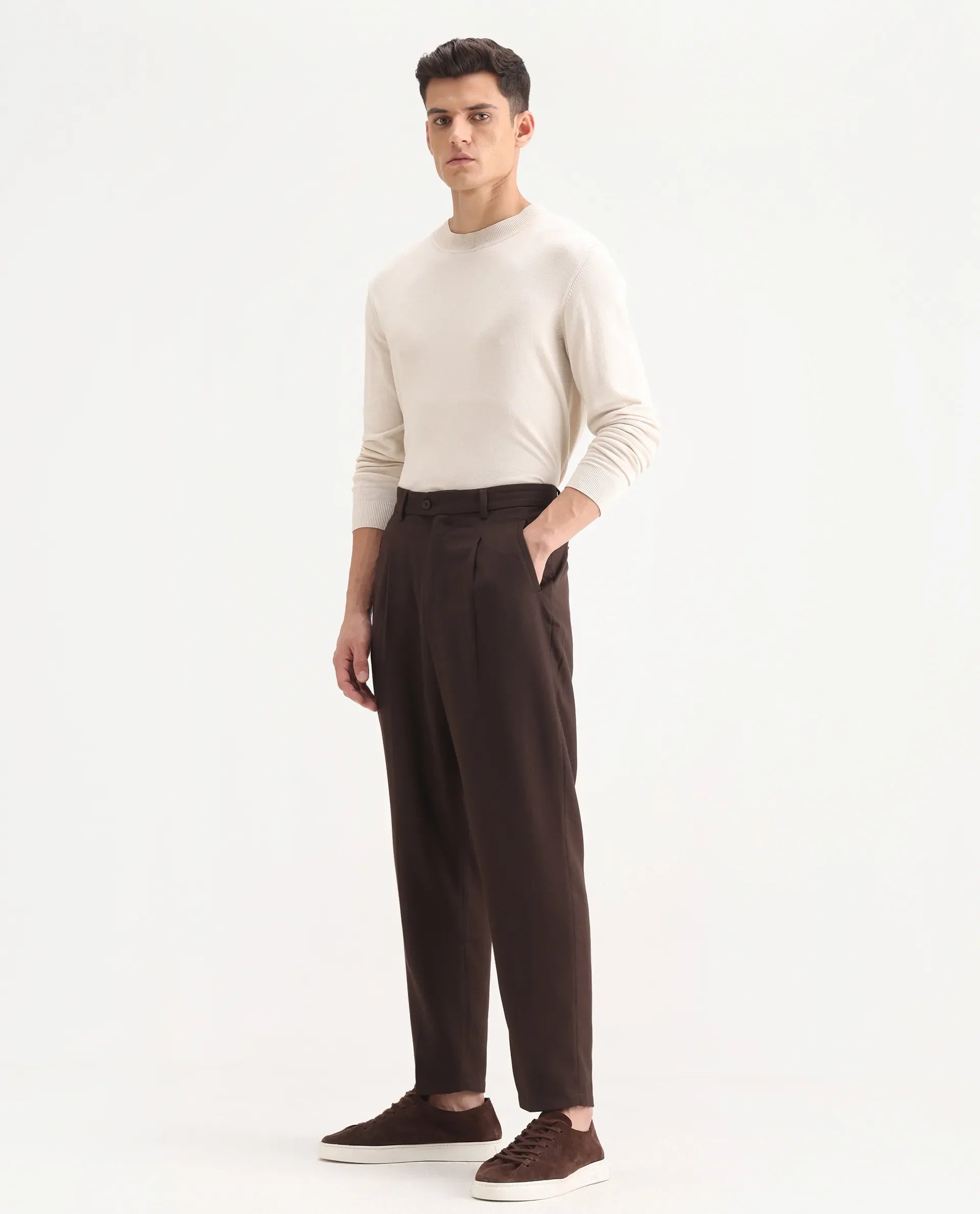 Rare Rabbit Men's Aront B Dark Brown Polyester Blend Plain Relaxed Fit Trouser