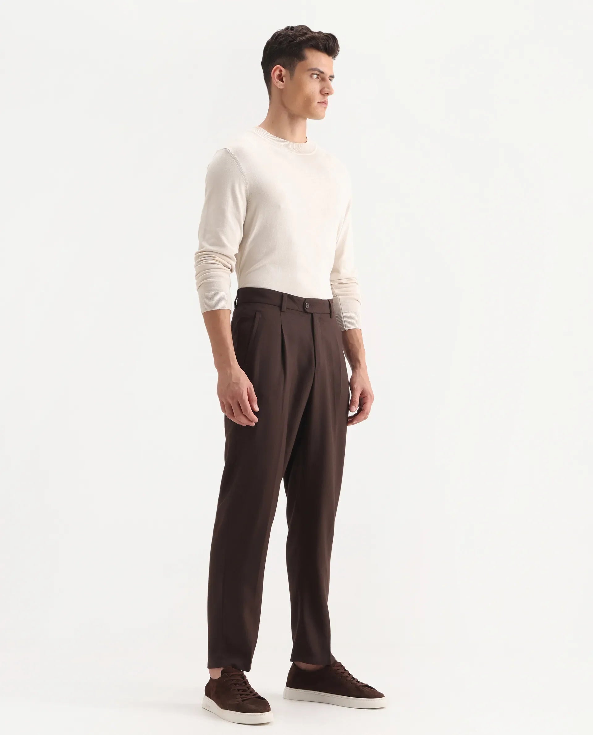 Rare Rabbit Men's Aront B Dark Brown Polyester Blend Plain Relaxed Fit Trouser