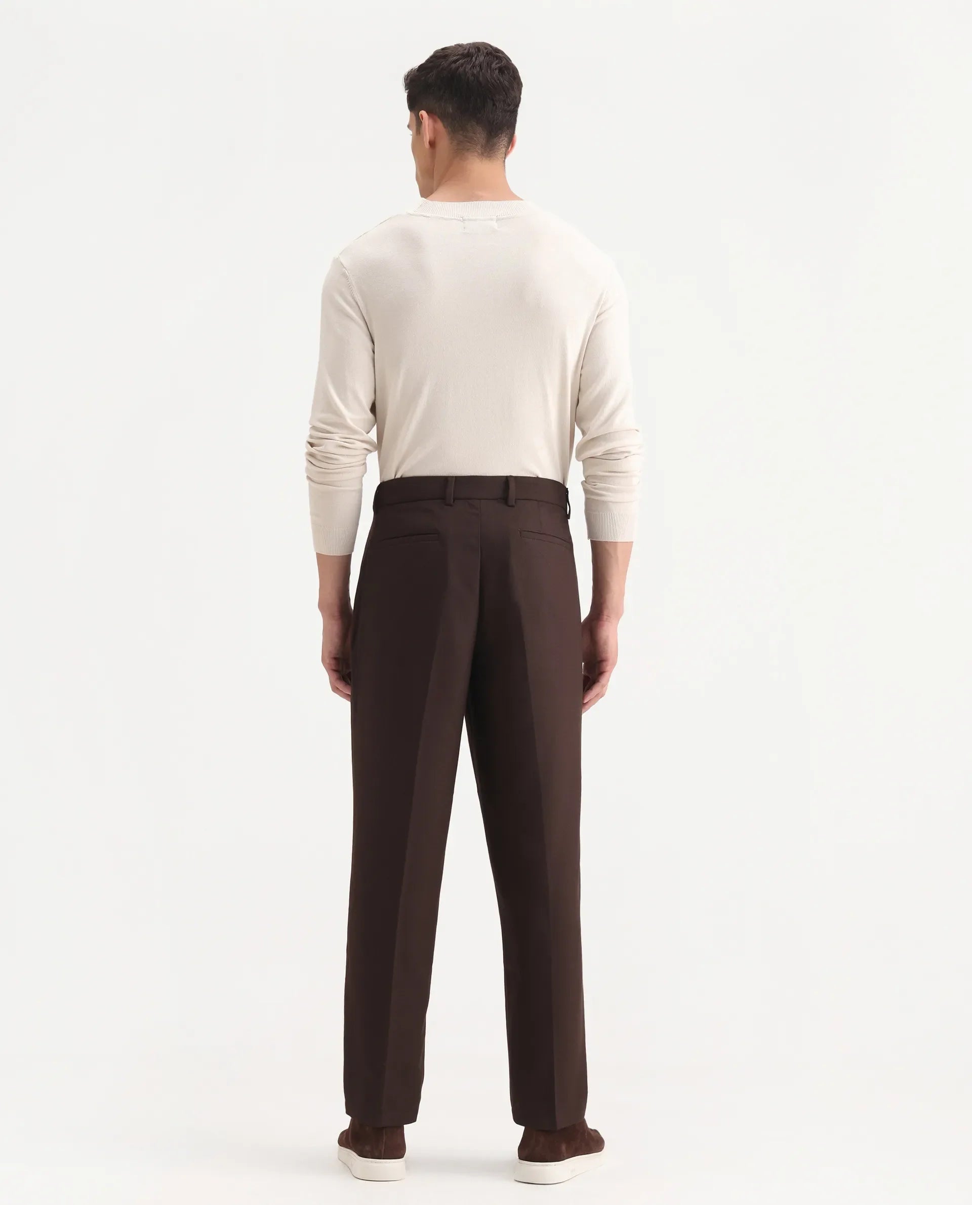 Rare Rabbit Men's Aront B Dark Brown Polyester Blend Plain Relaxed Fit Trouser