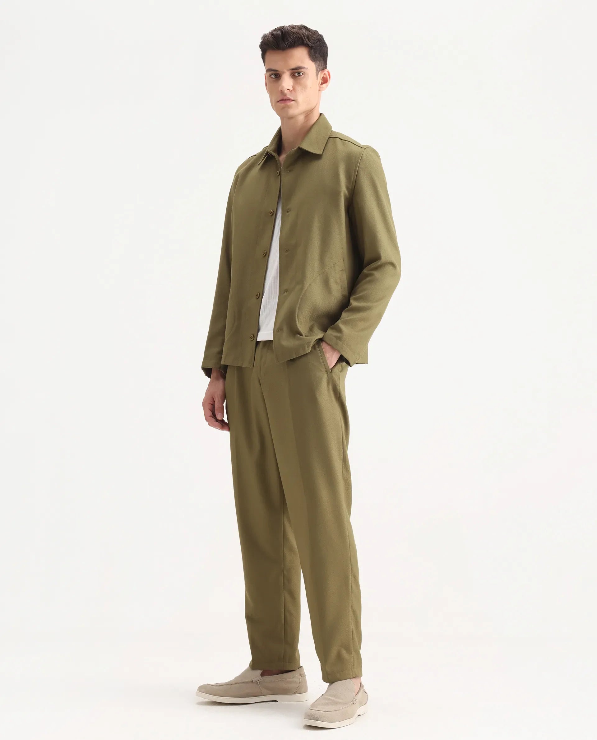 Rare Rabbit Men's Aront B Olive Polyester Blend Plain Relaxed Fit Trouser