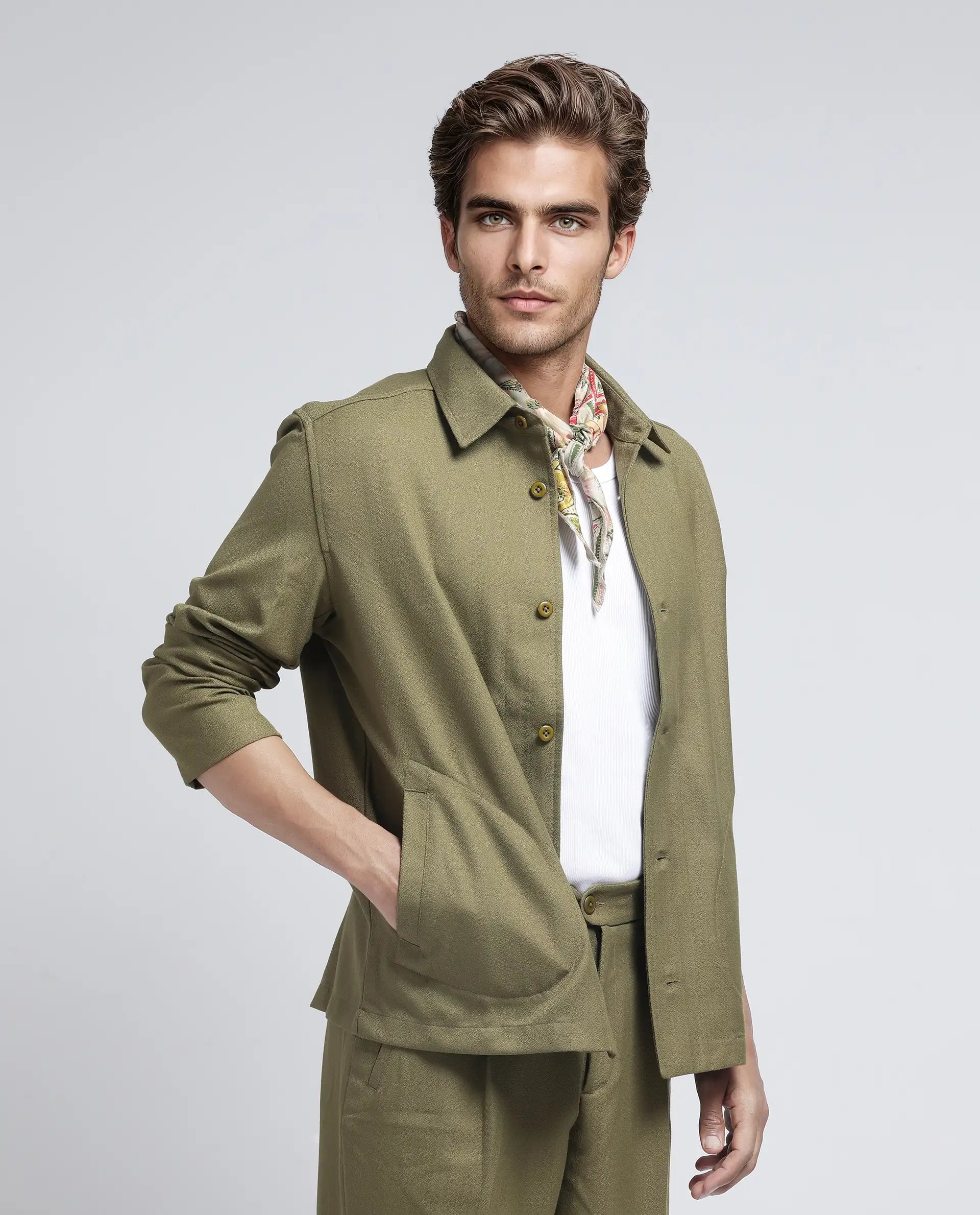 Rare Rabbit Men's Aront Olive Polyester Plain Relaxed Fit Full Sleeve Spread Collar Jacket