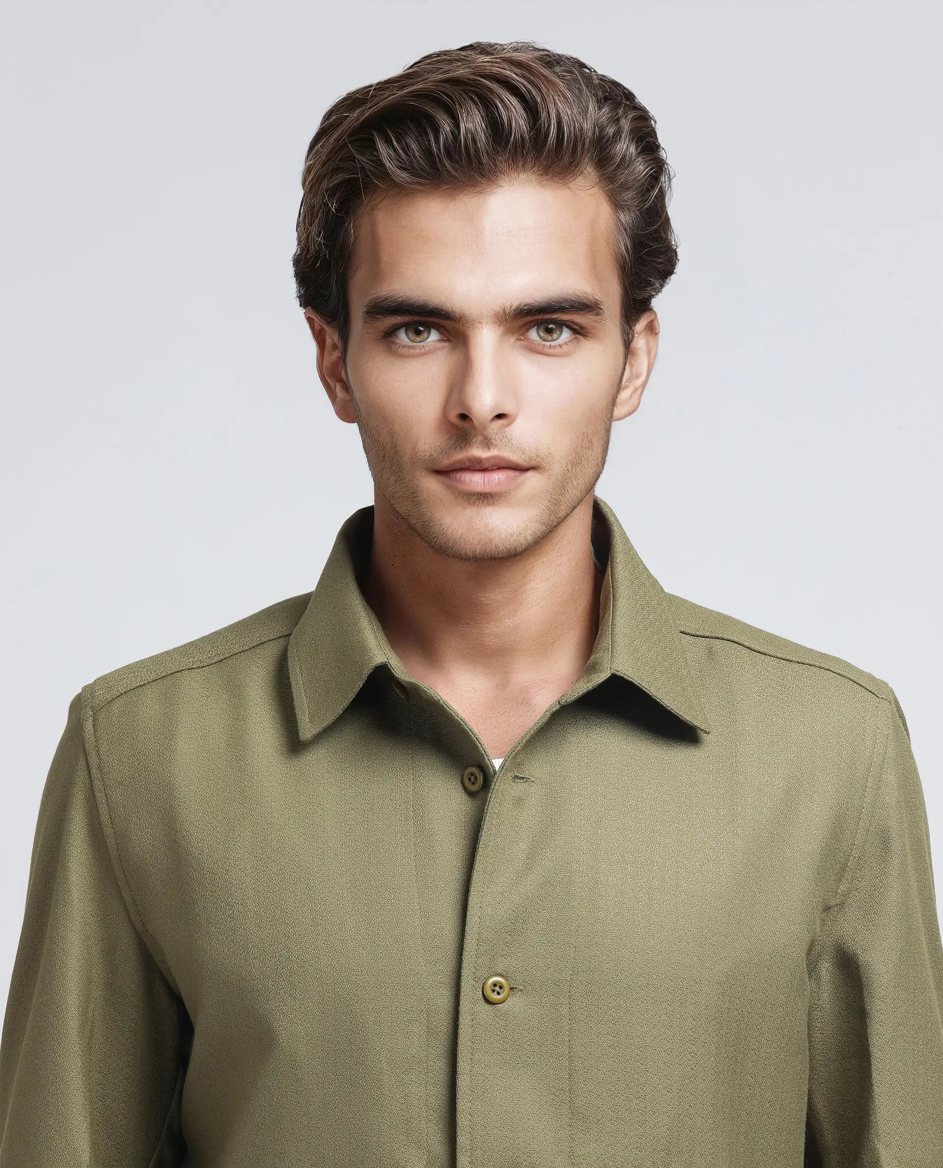 Rare Rabbit Men's Aront Olive Polyester Plain Relaxed Fit Full Sleeve Spread Collar Jacket