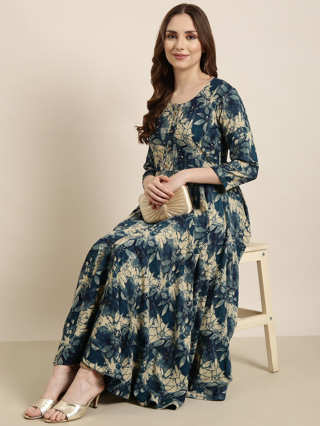 Women's Anarkali Blue Floral Kurta