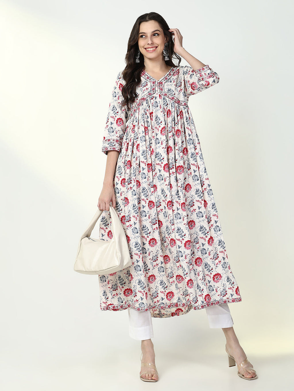 Women's White Floral Anarkali Kurta
