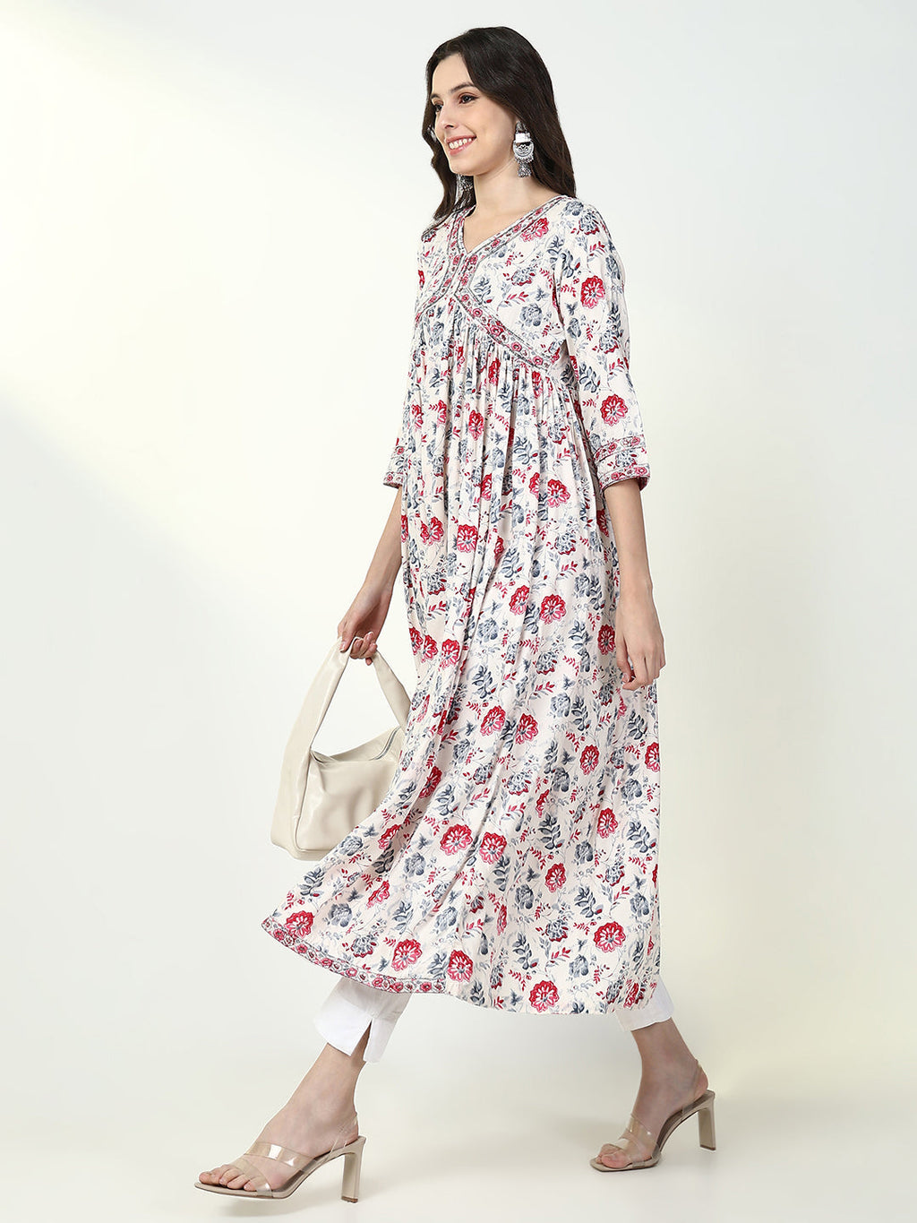 Women's White Floral Anarkali Kurta