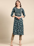 Women's Teal Printed Straight Kurta