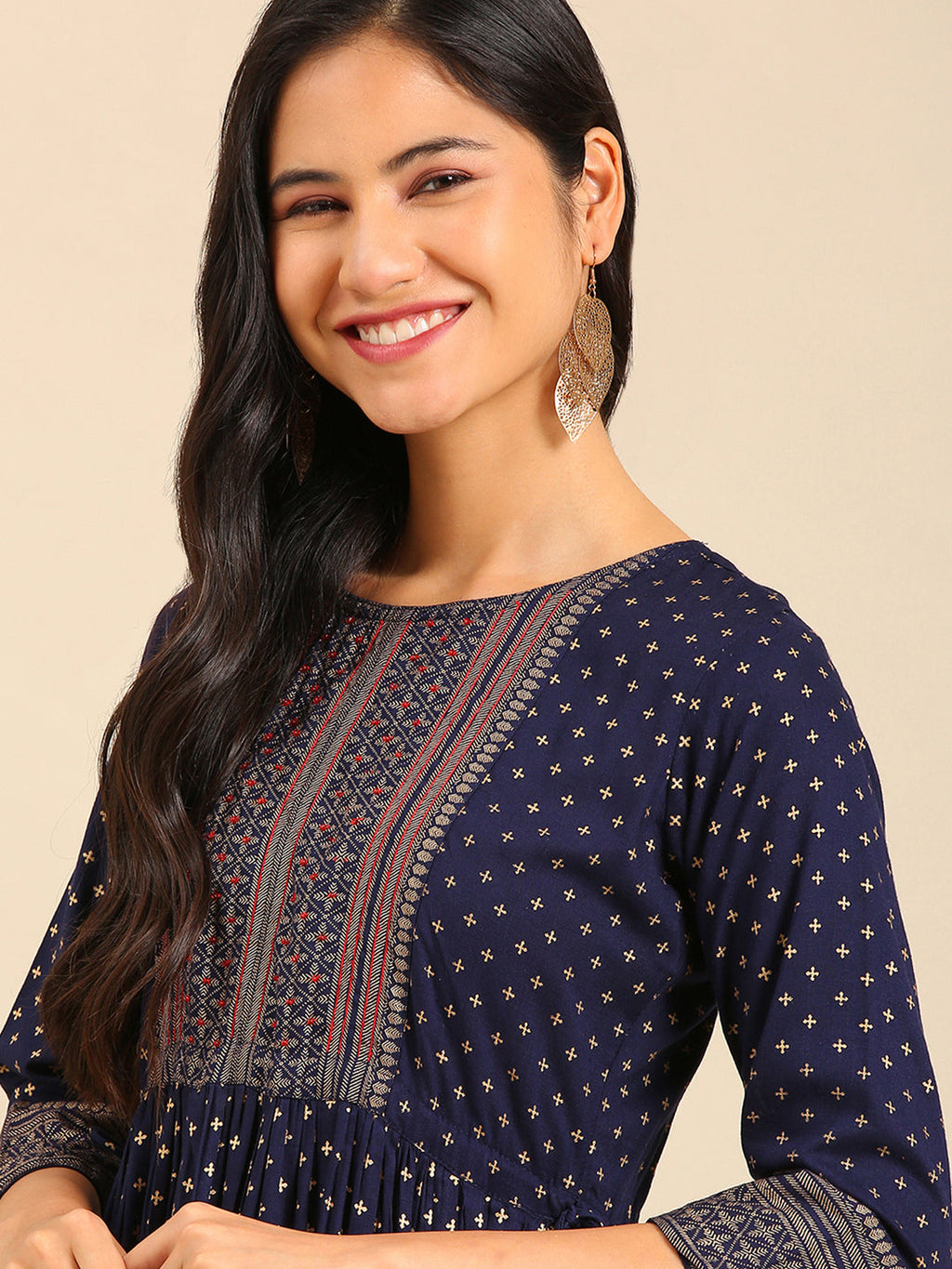 Women's Navy Blue Floral Printed Cotton Anarkali Kurta