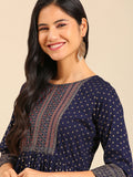 Women's Navy Blue Floral Printed Cotton Anarkali Kurta