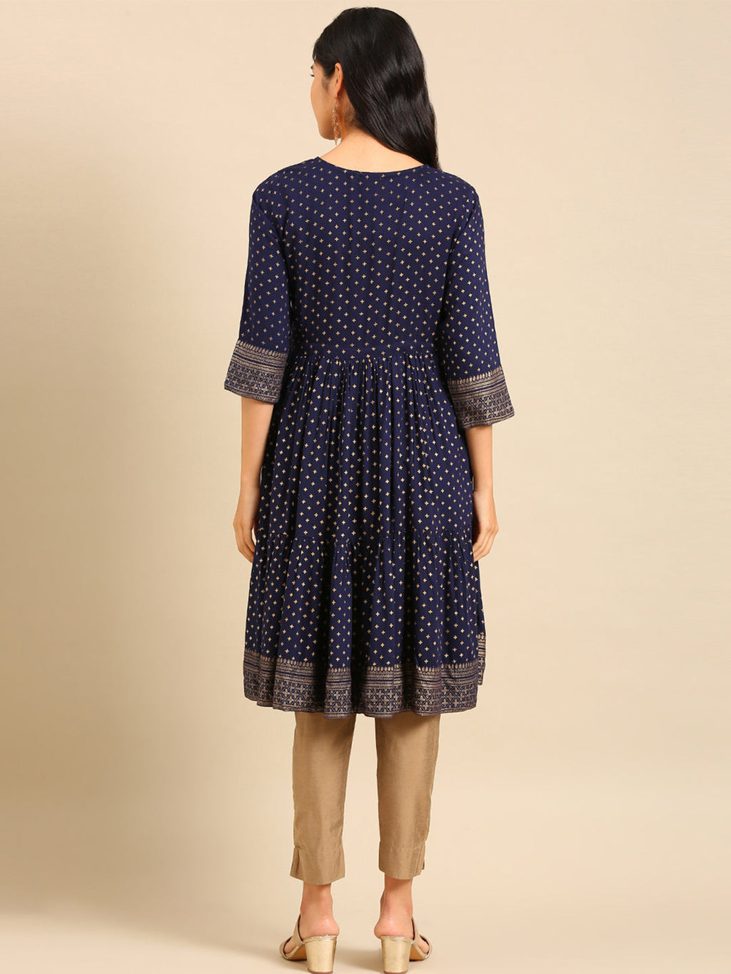 Women's Navy Blue Floral Printed Cotton Anarkali Kurta