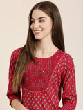 Women's Fuchsia Floral Printed Cotton Straight Kurta