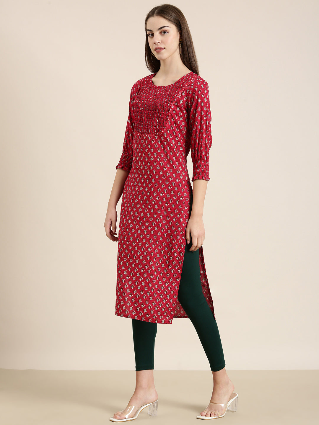 Women's Fuchsia Floral Printed Cotton Straight Kurta