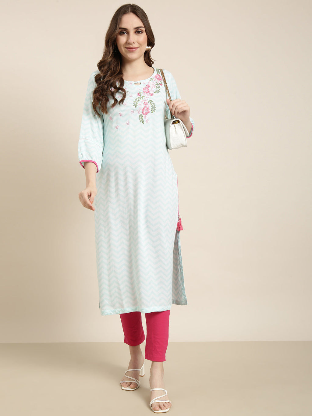 Women's Straight Turquoise Blue Chevron Kurta