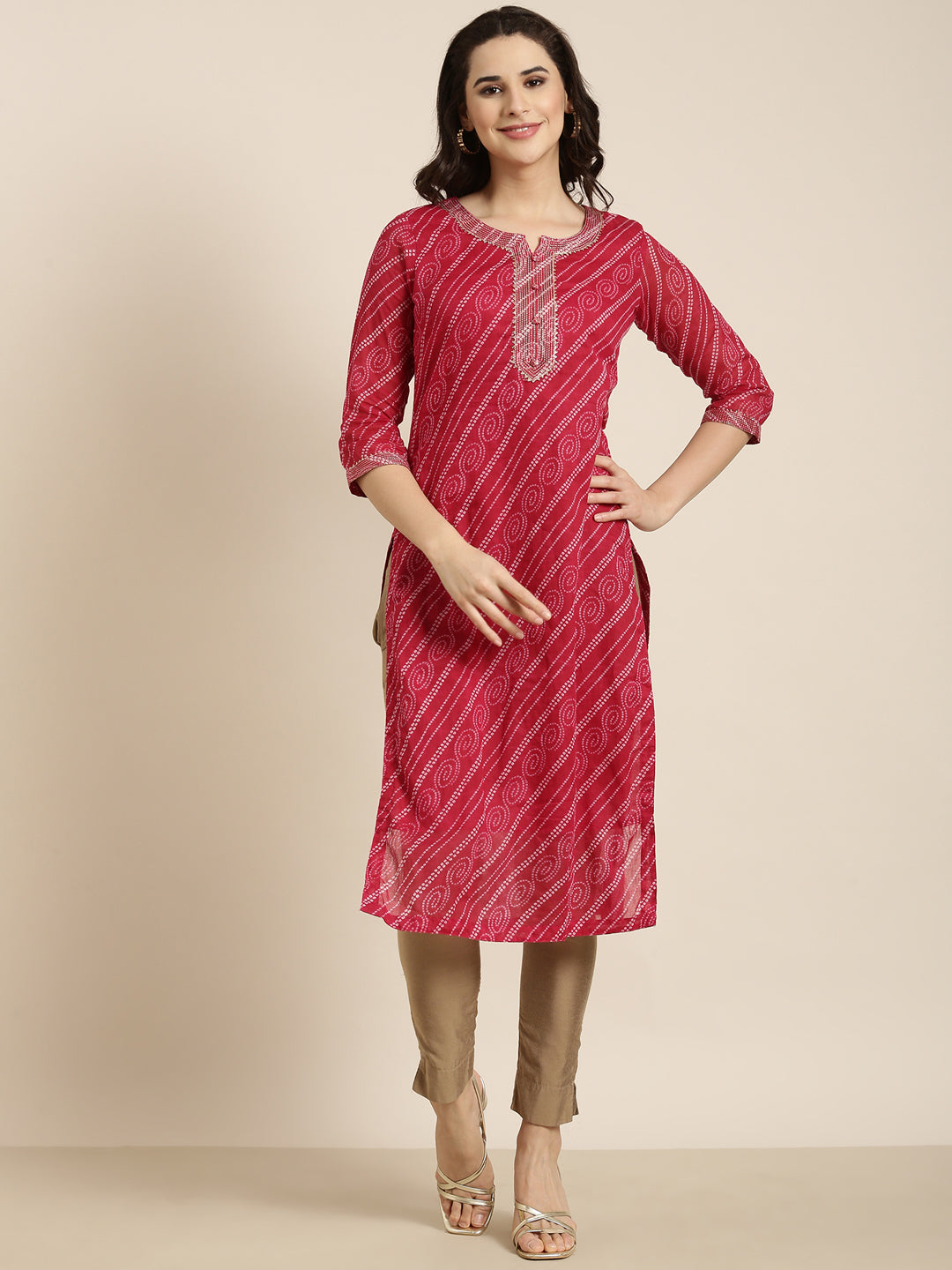 Women's Straight Pink Bandhani Kurta