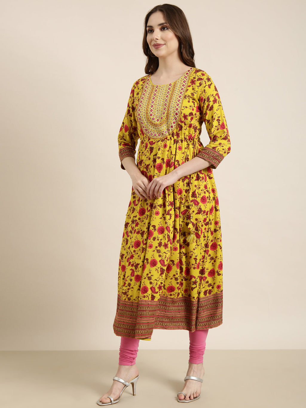 Women's Anarkali Yellow Floral Kurta