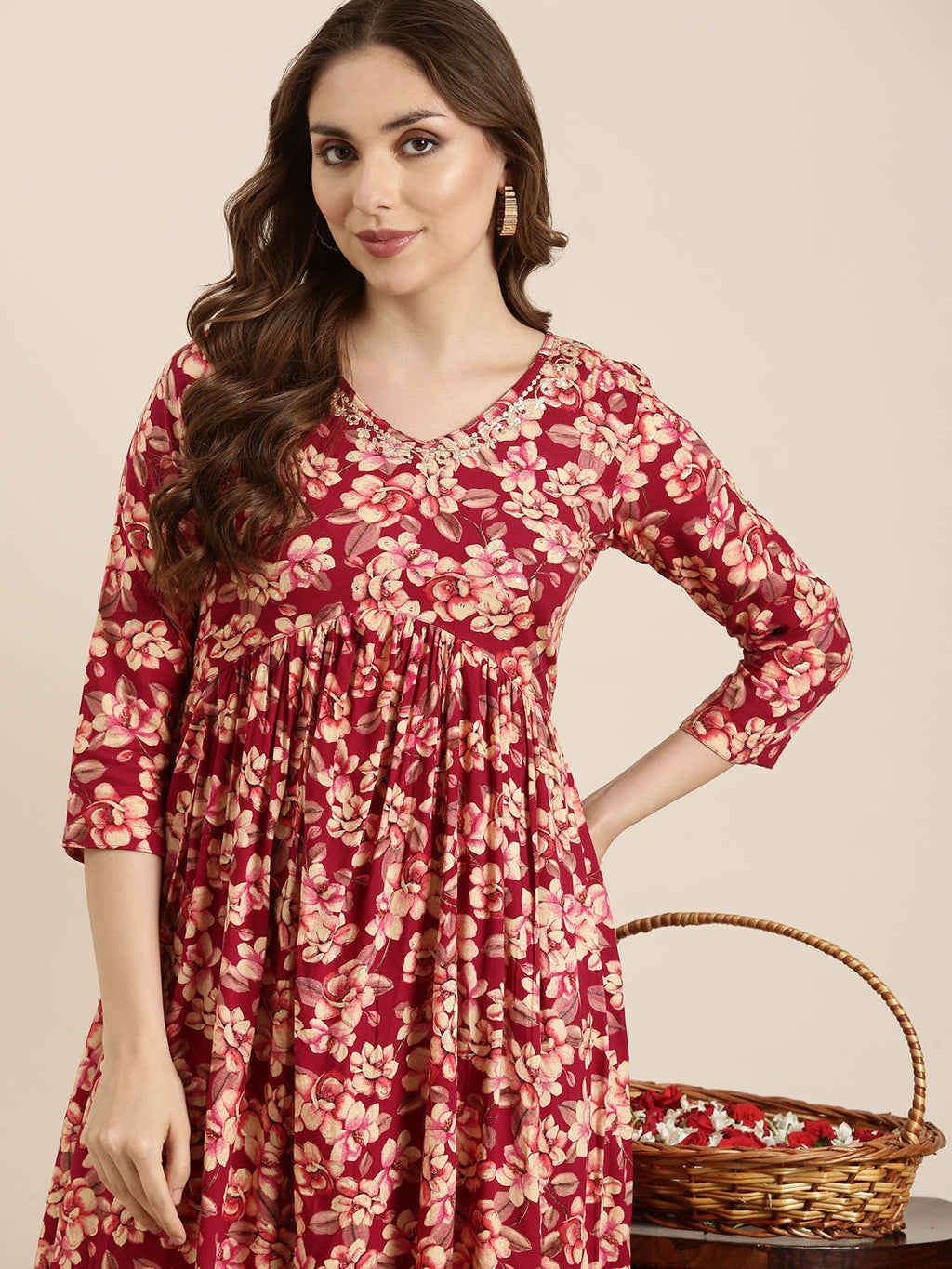 Women's Anarkali Pink Floral Kurta