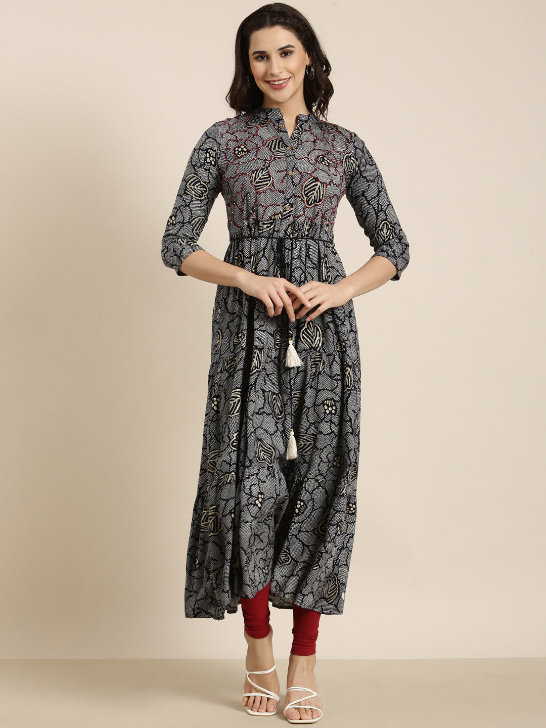 Women's Anarkali Navy Blue Bandhani Kurta