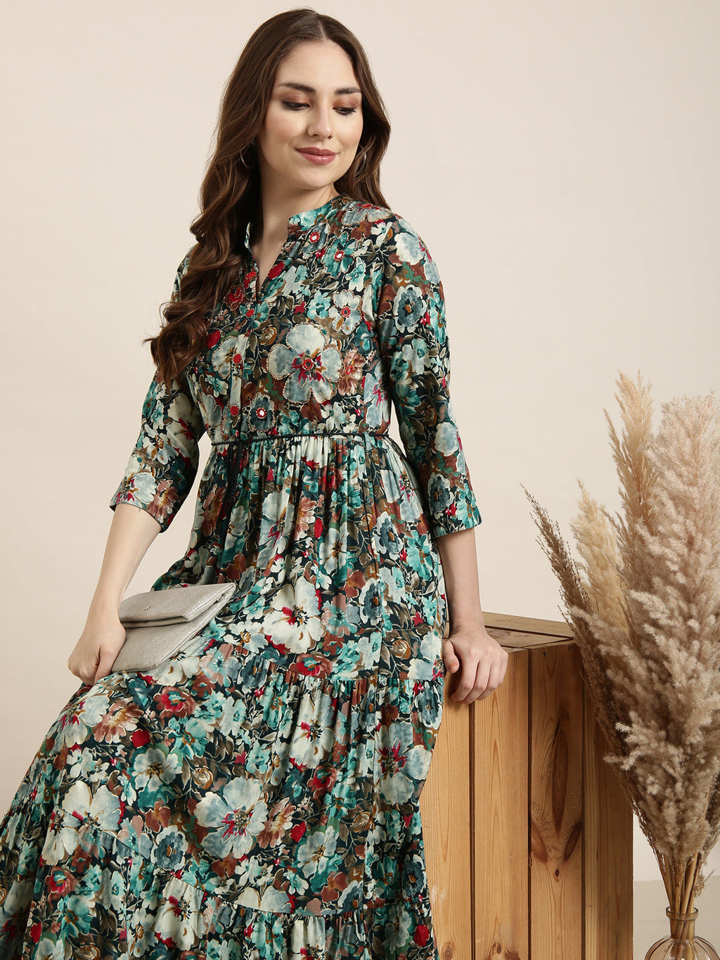 Women's Anarkali Floral Teal Kurta